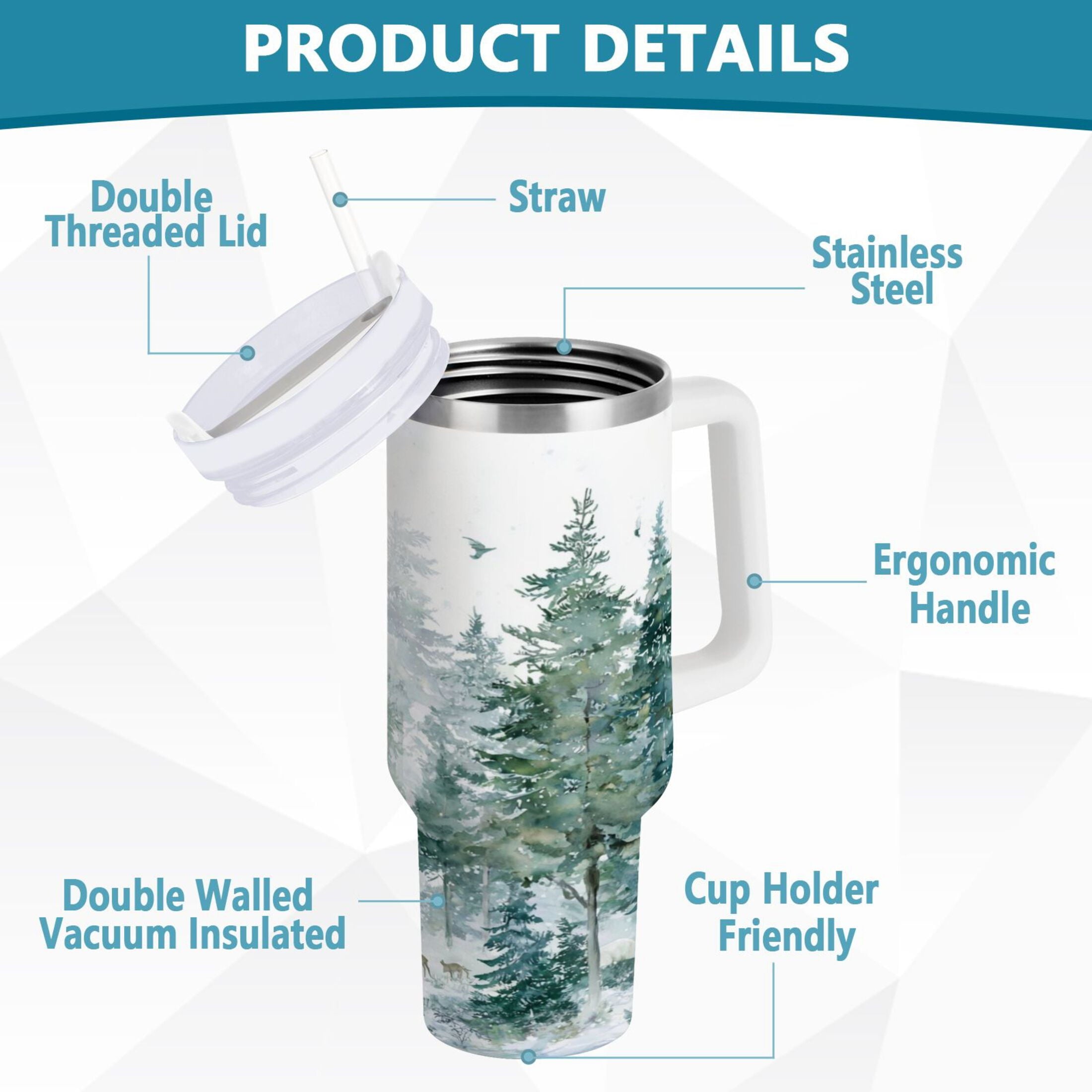 30 oz Insulated Stainless Steel Tumbler Double Wall Stainless Steel Tumbler with 2-Way Drinking Green Snowy Forest Scene C455B
