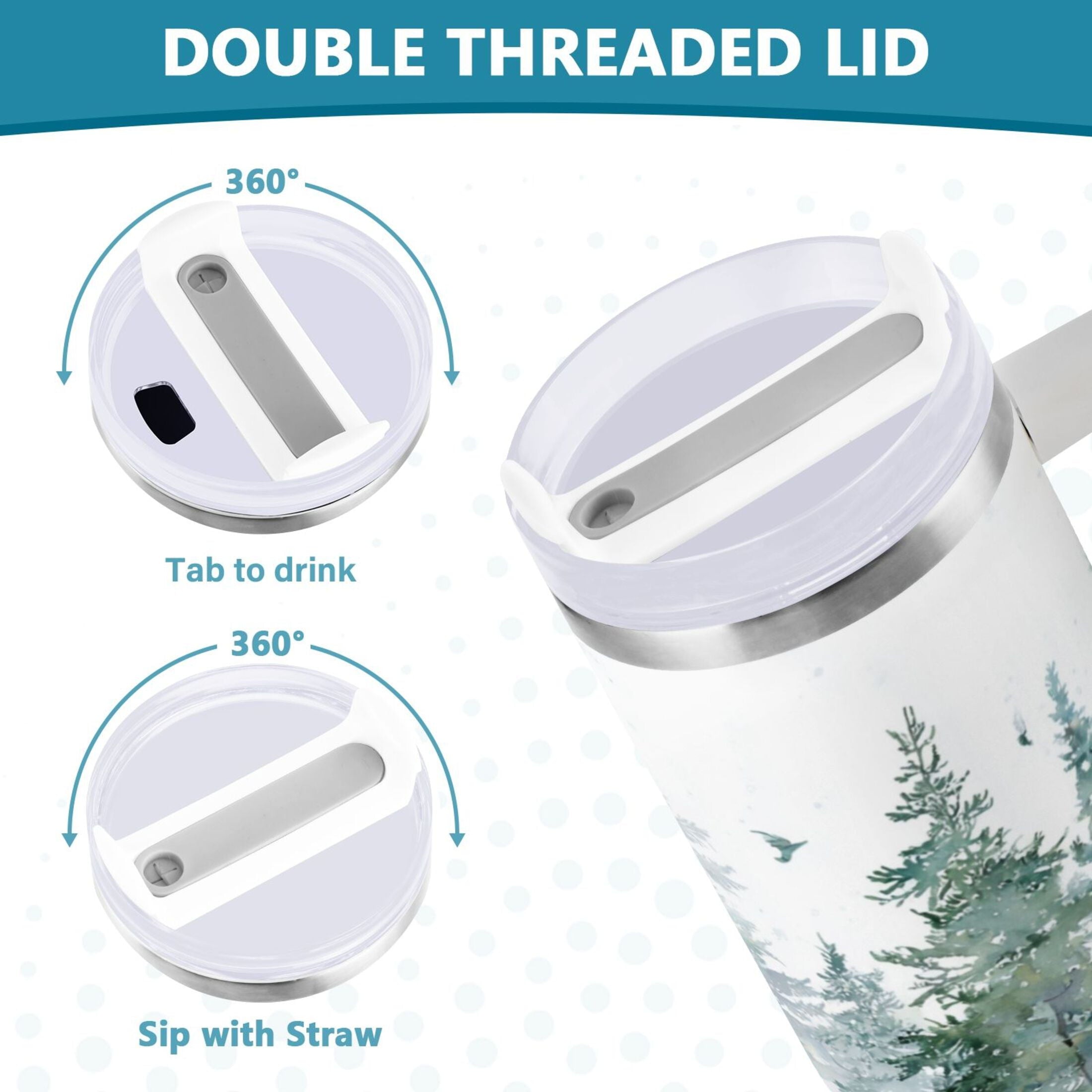 30 oz Insulated Stainless Steel Tumbler Double Wall Stainless Steel Tumbler with 2-Way Drinking Green Snowy Forest Scene C455B