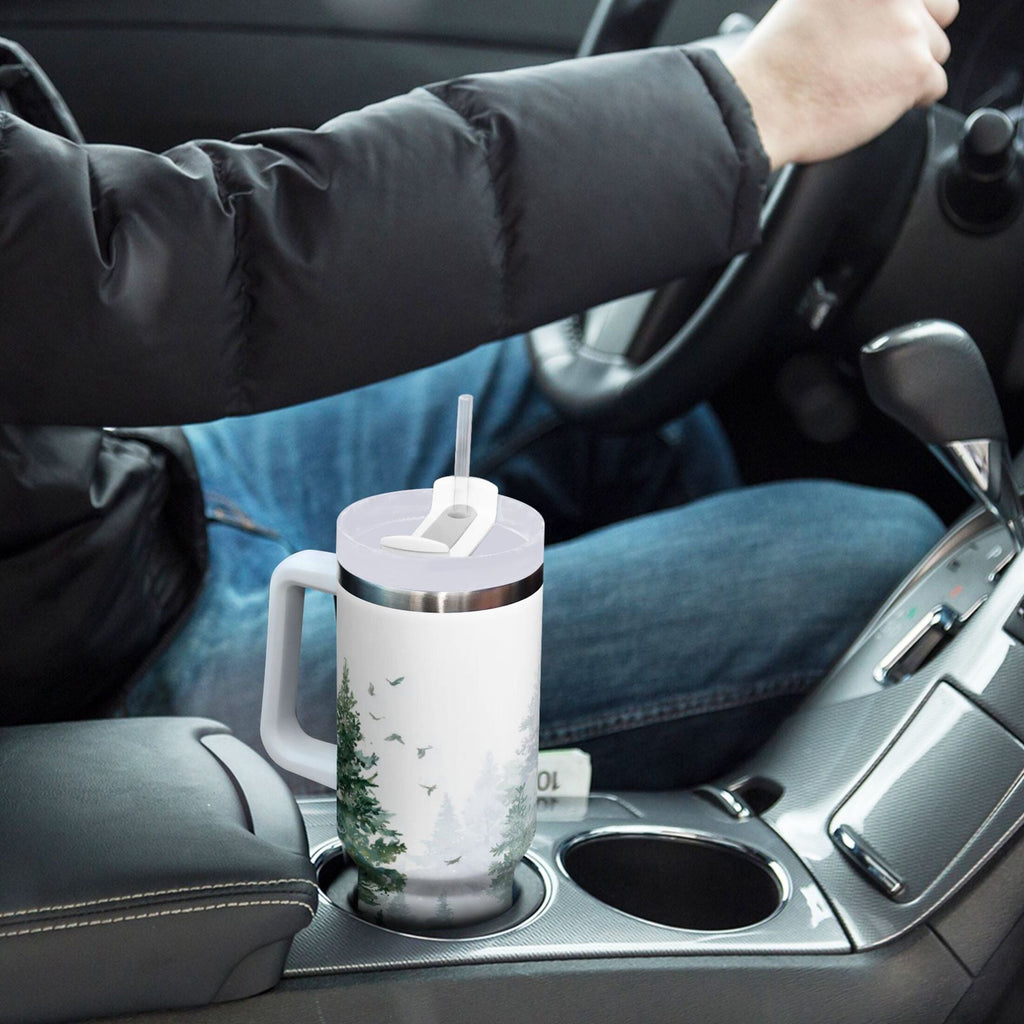 30 oz Insulated Stainless Steel Tumbler Double Wall Stainless Steel Tumbler with 2-Way Drinking Green Snowy Forest Scene C455B