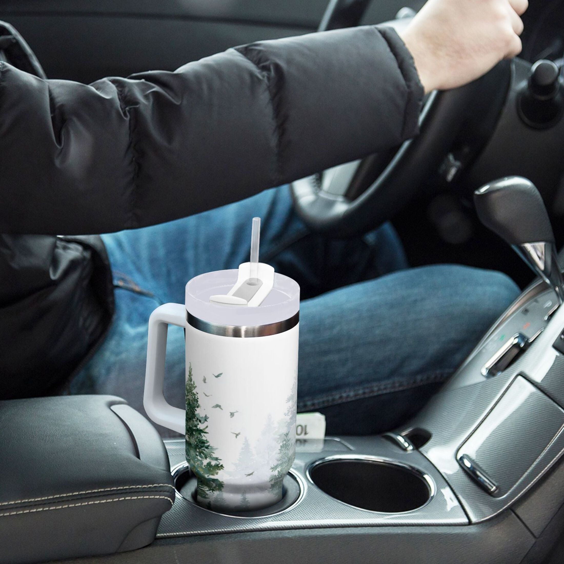 30 oz Insulated Stainless Steel Tumbler Double Wall Stainless Steel Tumbler with 2-Way Drinking Green Snowy Forest Scene C455B