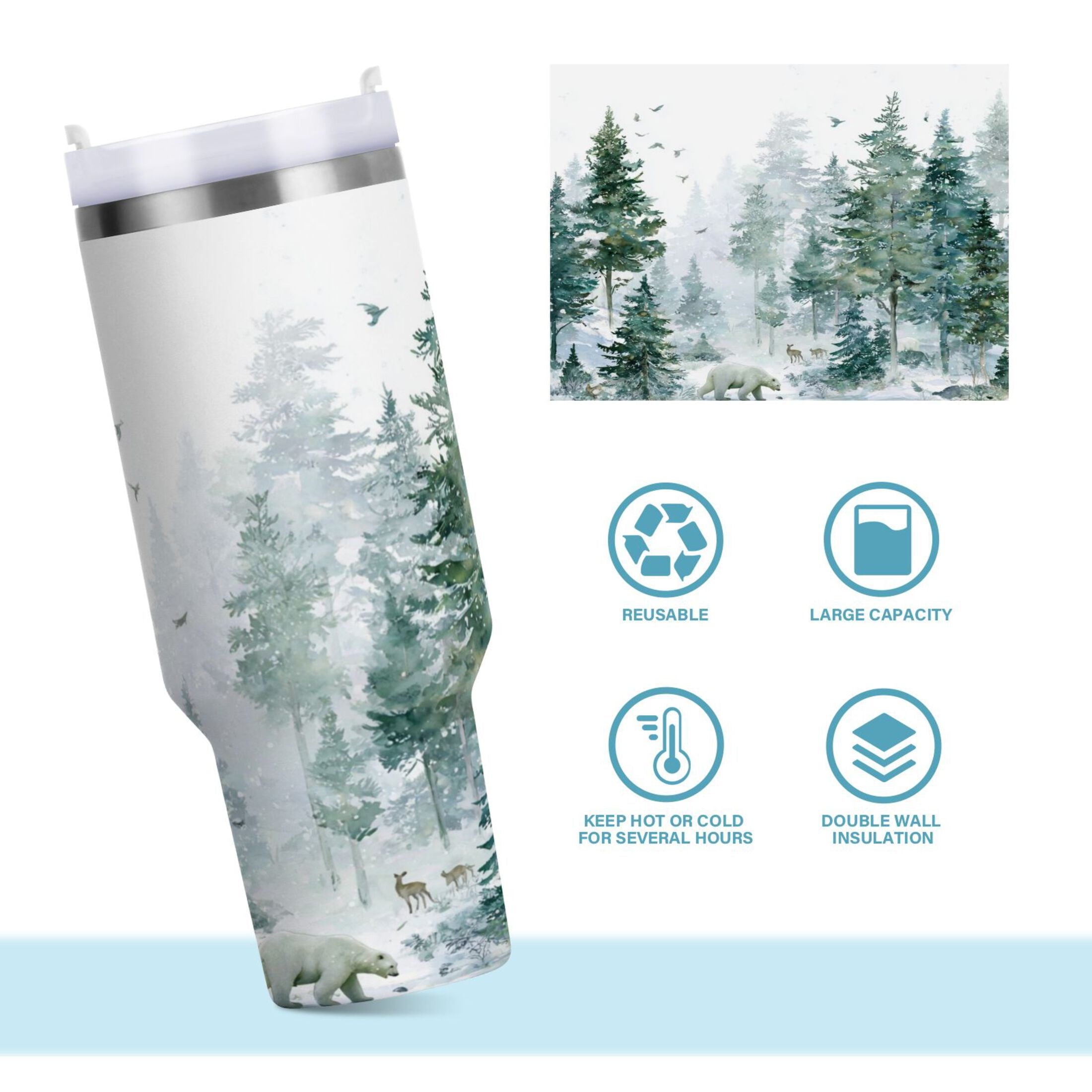 30 oz Insulated Stainless Steel Tumbler Double Wall Stainless Steel Tumbler with 2-Way Drinking Green Snowy Forest Scene C455B