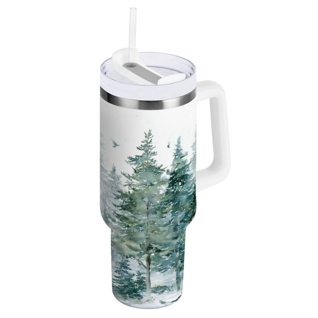 30 oz Insulated Stainless Steel Tumbler Double Wall Stainless Steel Tumbler with 2-Way Drinking Green Snowy Forest Scene C455B