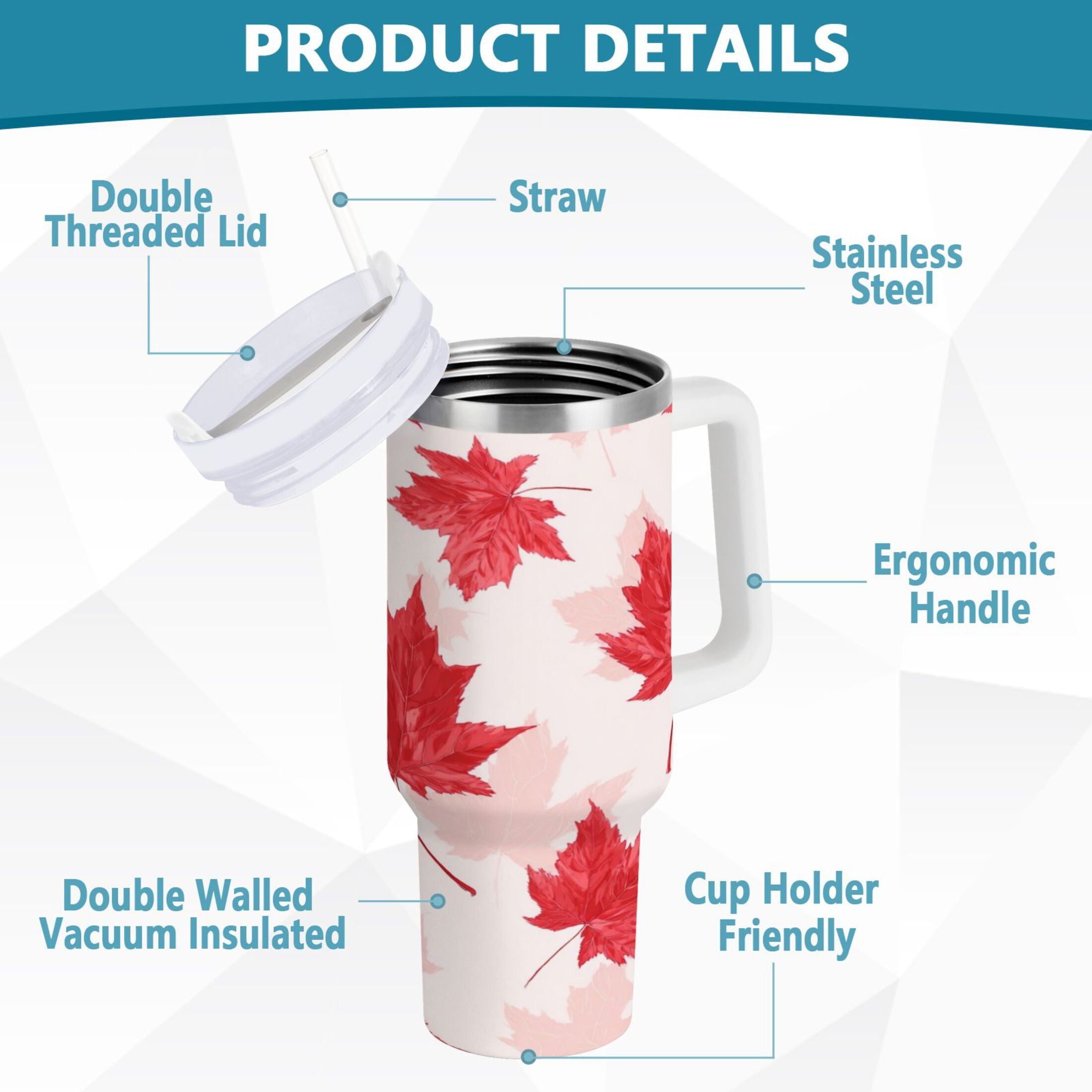40 oz Insulated Stainless Steel Tumbler Double Wall Stainless Steel Tumbler with 2-Way Drinking Red Maple Leaves Pattern C601J