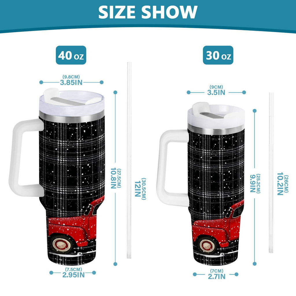 40 oz Insulated Stainless Steel Tumbler Double Wall Stainless Steel Tumbler with 2-Way Drinking Red Truck with Christmas Tree C669P
