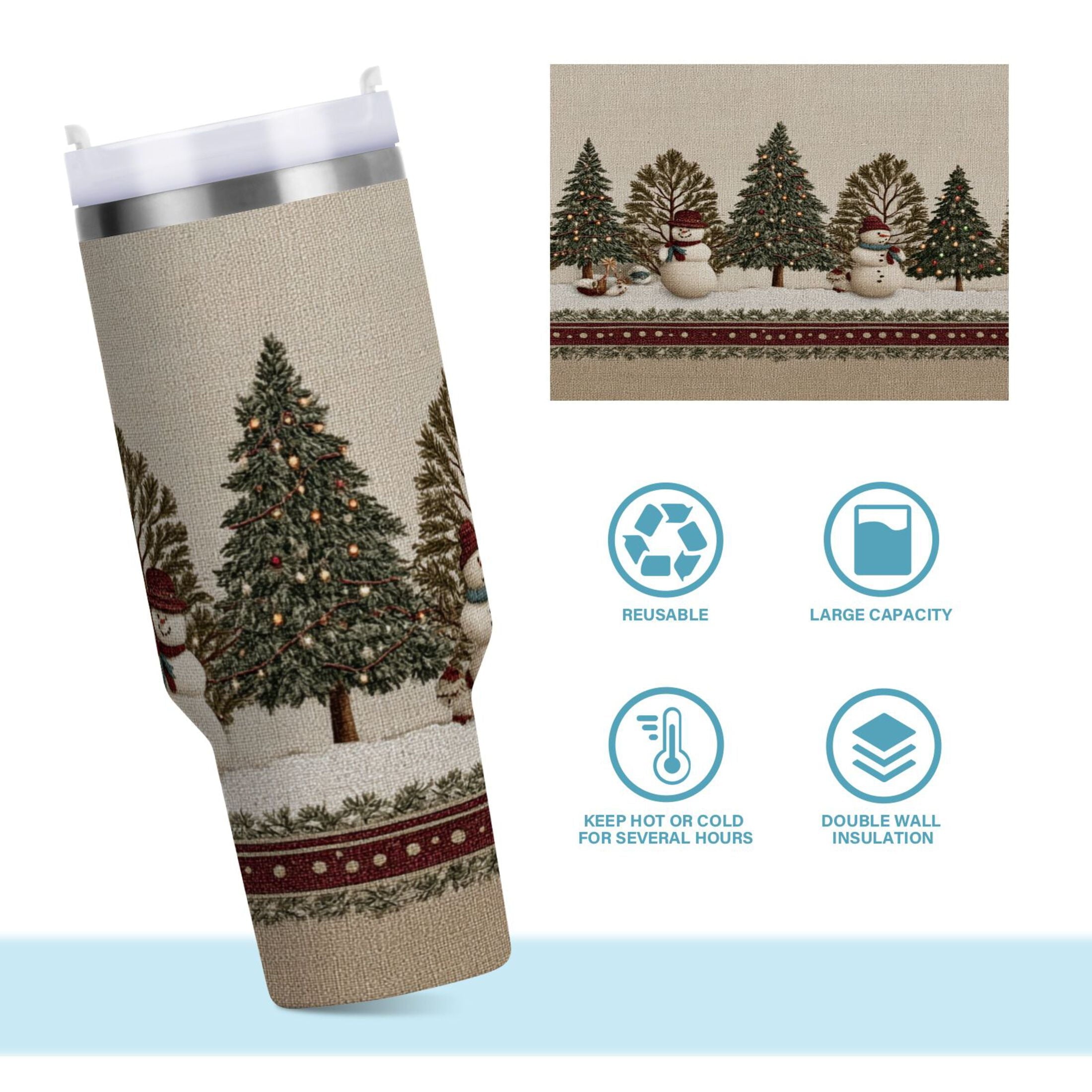 30 oz Insulated Stainless Steel Tumbler Double Wall Stainless Steel Tumbler with 2-Way Drinking Snowmen and Deer in The Forest C582F
