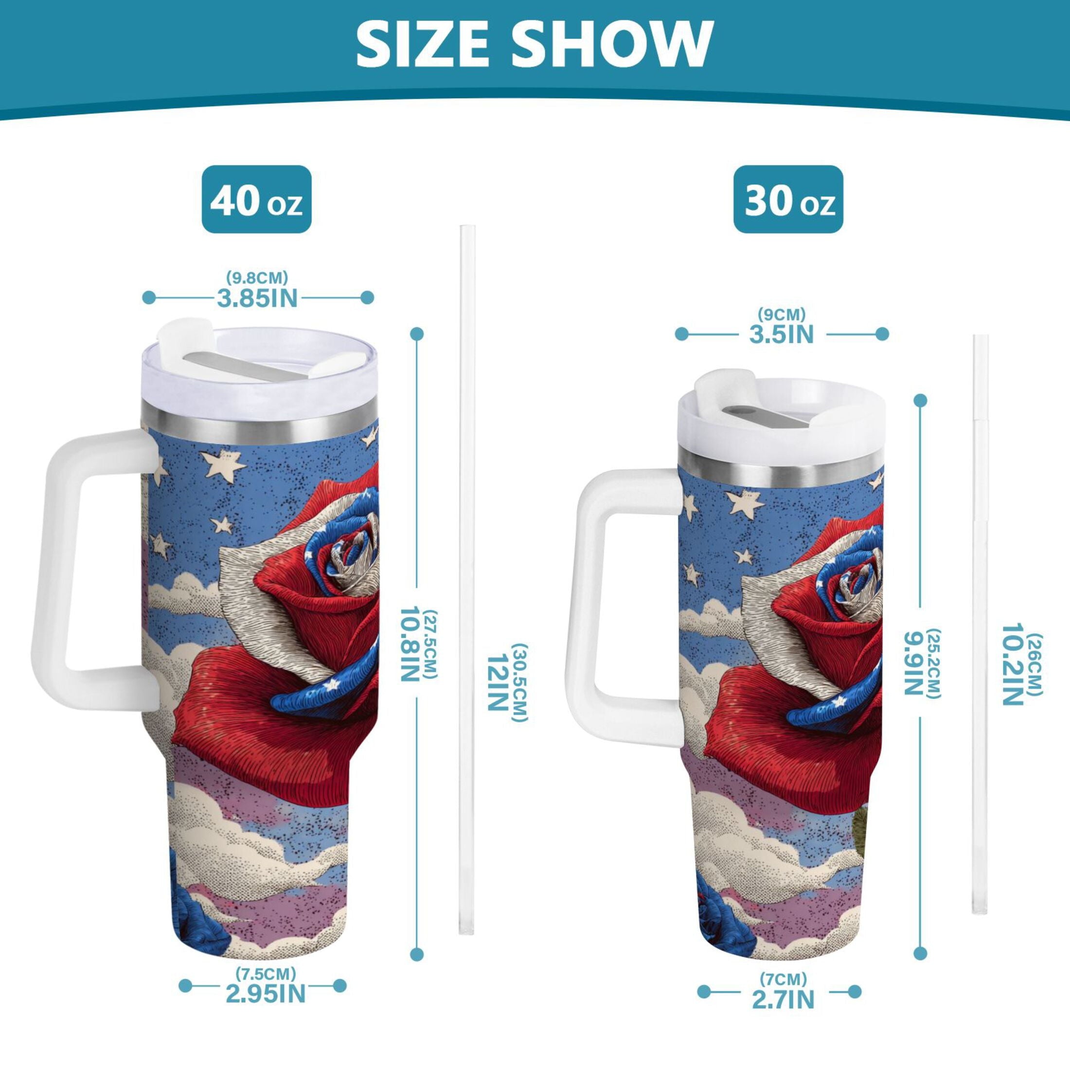 40 oz Insulated Stainless Steel Tumbler Double Wall Stainless Steel Tumbler with 2-Way Drinking Roses and Clouds C523F