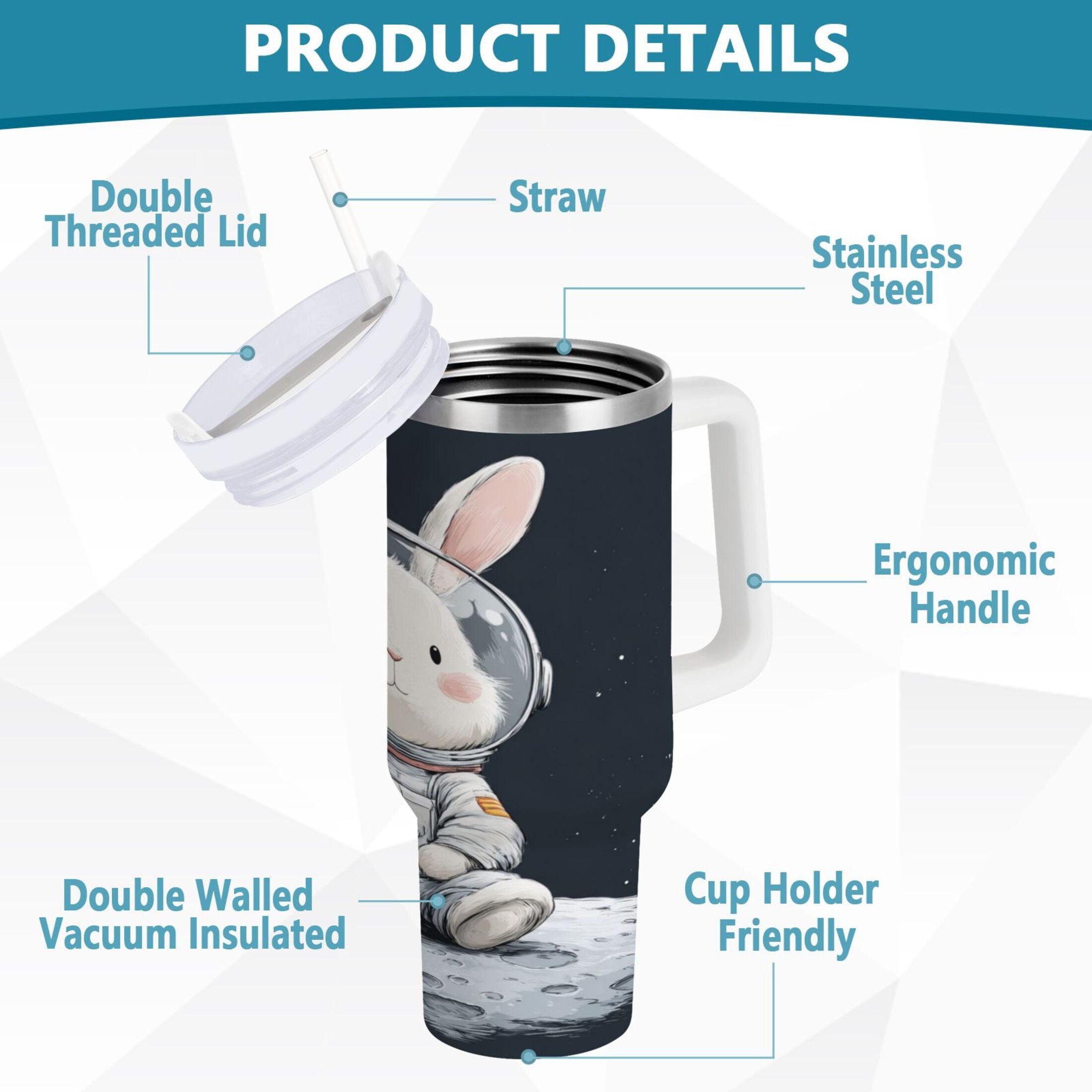 40 oz Insulated Stainless Steel Tumbler Double Wall Stainless Steel Tumbler with 2-Way Drinking Rabbit in A Space C673B