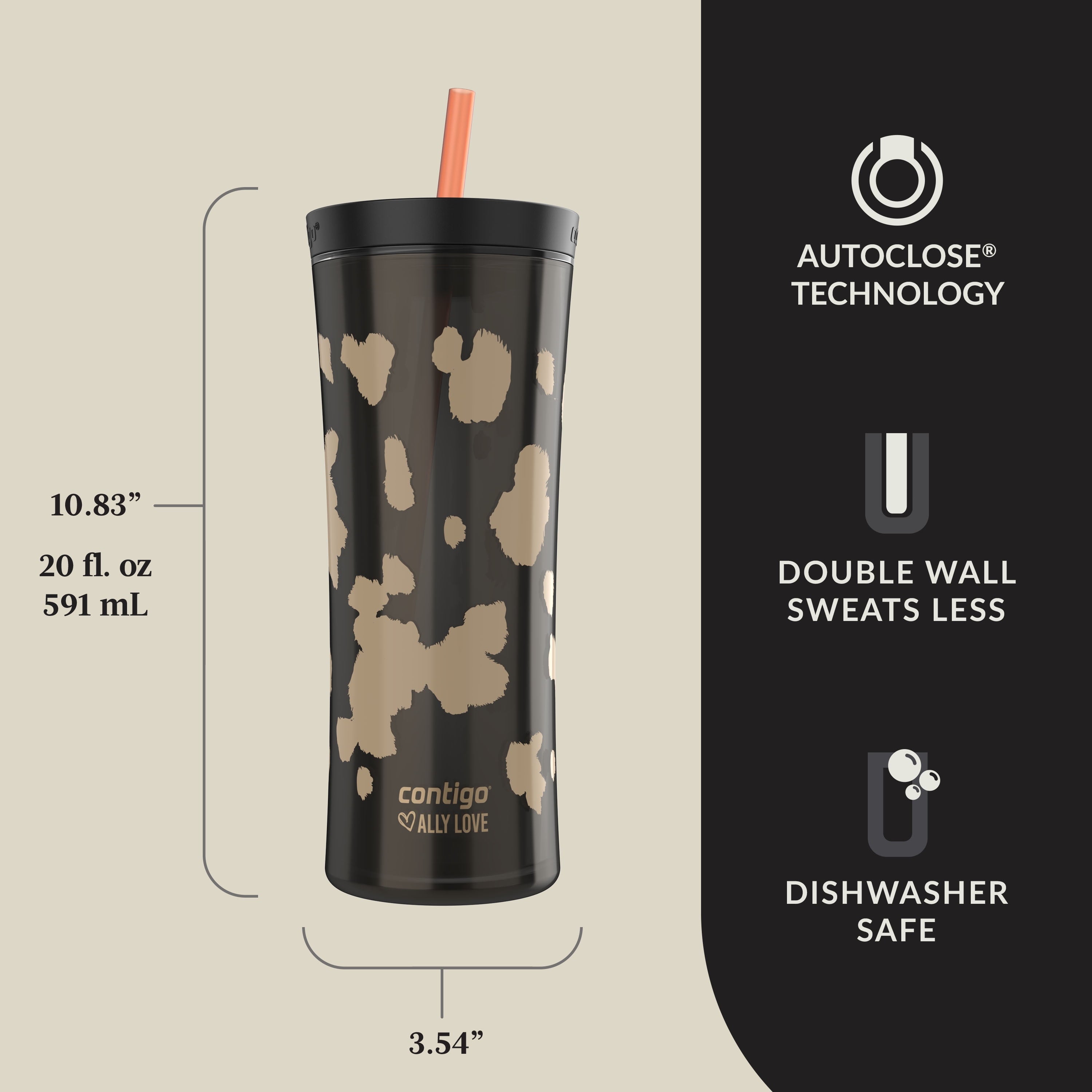 Contigo 20oz Shake &amp; Go Tumbler, Plastic with Straw, Licorice Cowhide Couture C093G