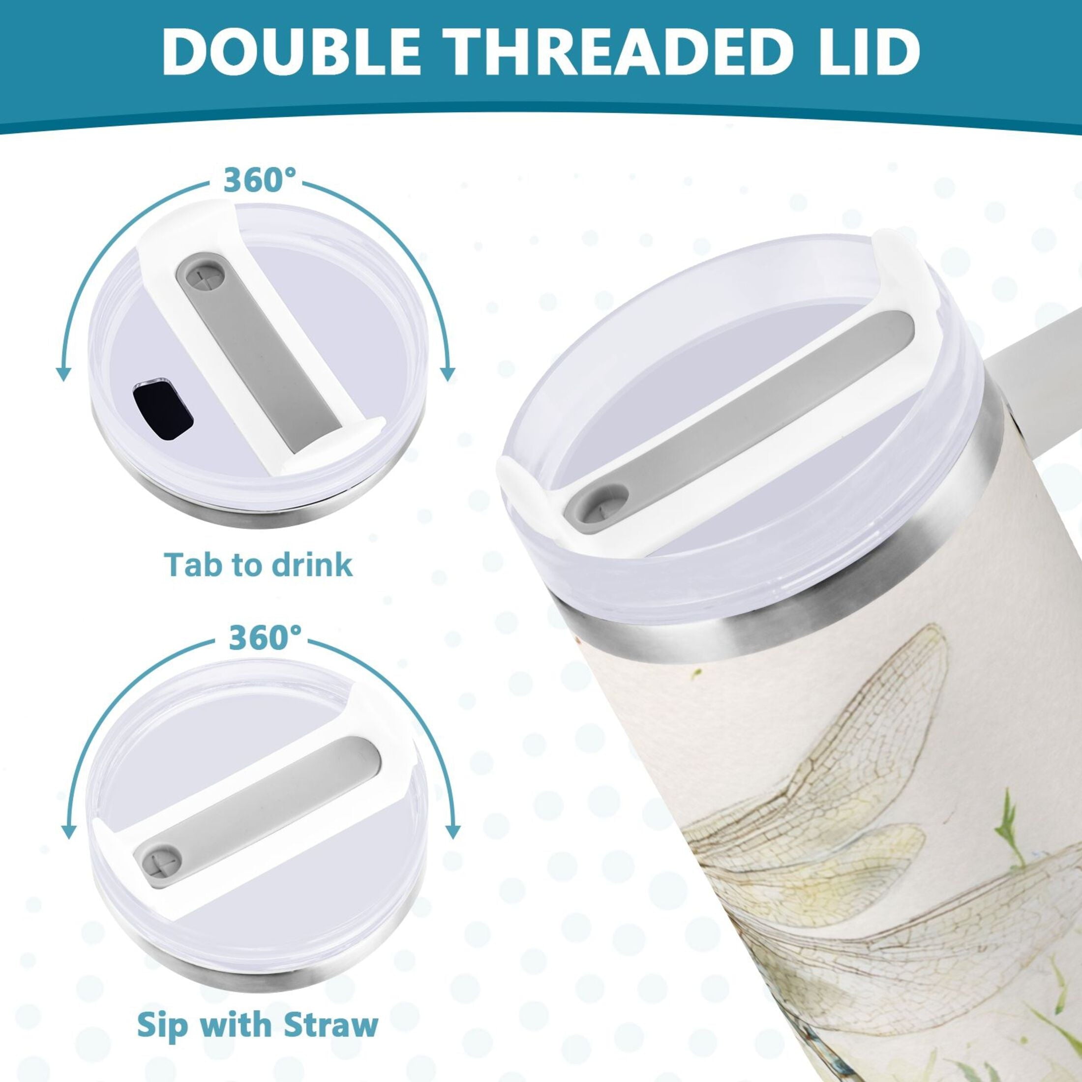 30 oz Insulated Stainless Steel Tumbler Double Wall Stainless Steel Tumbler with 2-Way Drinking Dragonflies with White Daisies C655G