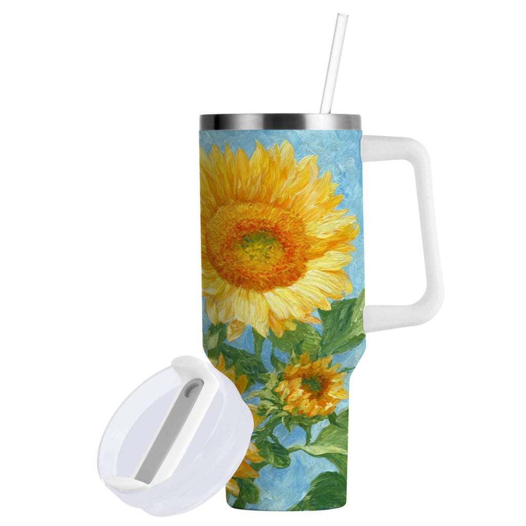 40 oz Insulated Stainless Steel Tumbler Double Wall Stainless Steel Tumbler with 2-Way Drinking Sunflower Oil Painting C438R