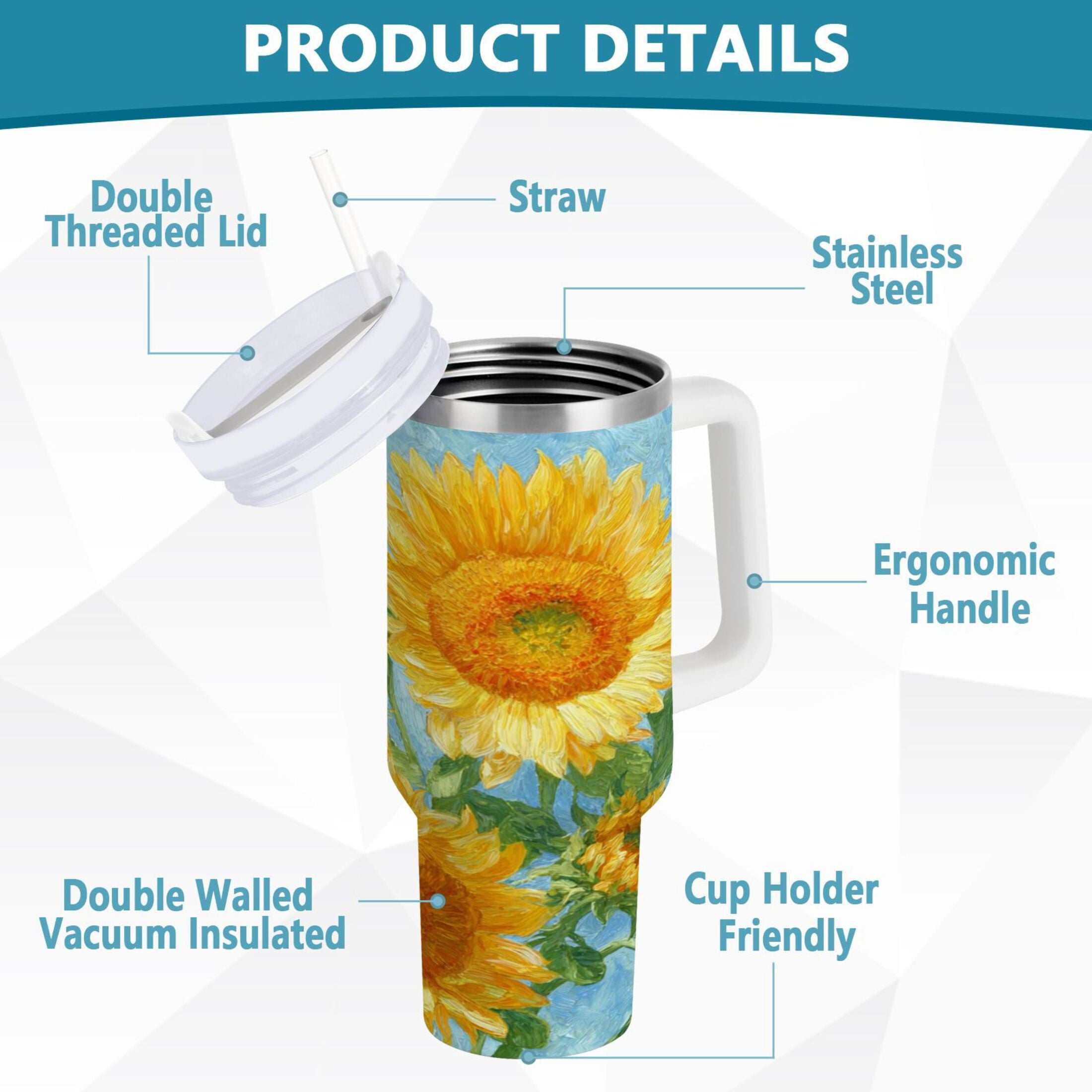 40 oz Insulated Stainless Steel Tumbler Double Wall Stainless Steel Tumbler with 2-Way Drinking Sunflower Oil Painting C438R