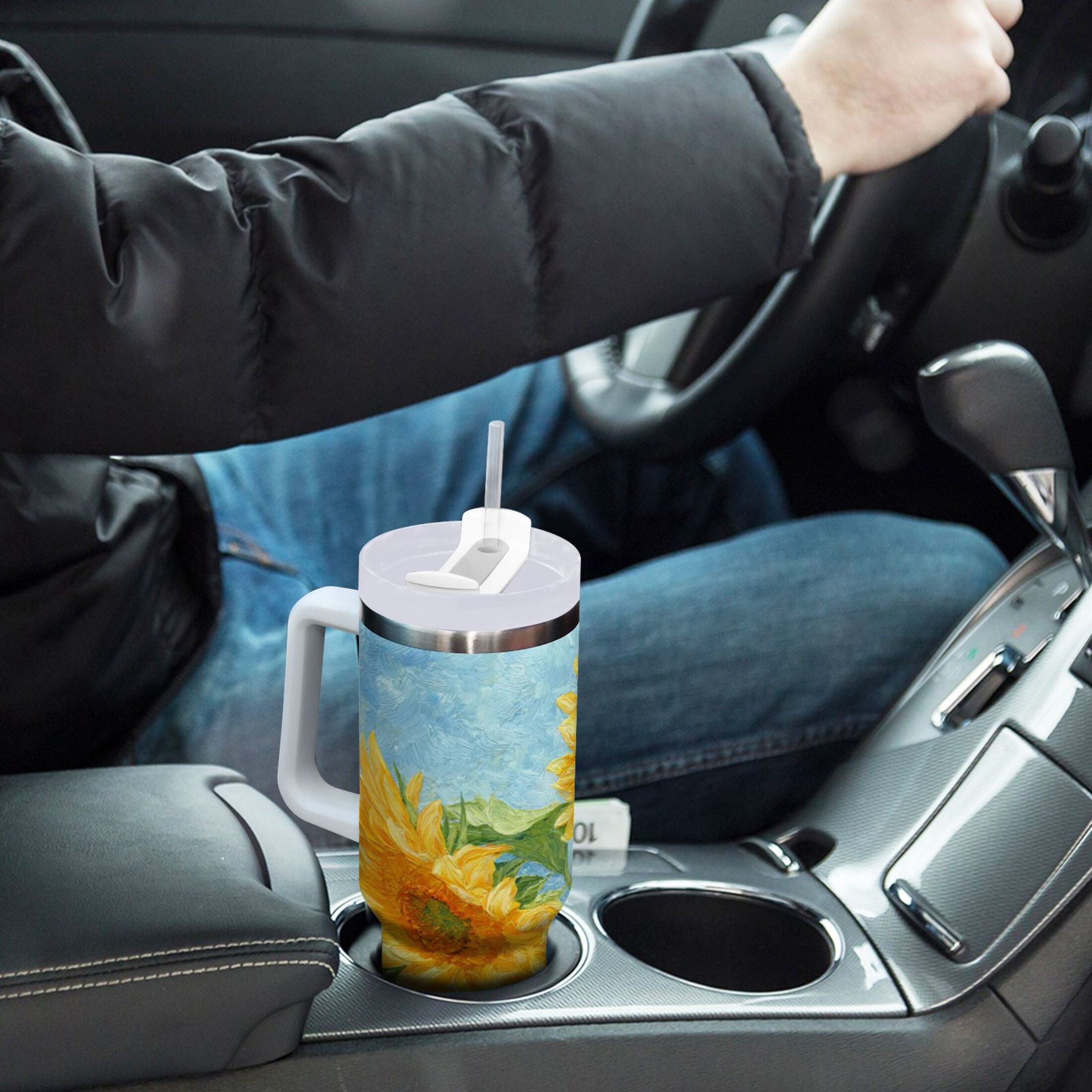 40 oz Insulated Stainless Steel Tumbler Double Wall Stainless Steel Tumbler with 2-Way Drinking Sunflower Oil Painting C438R