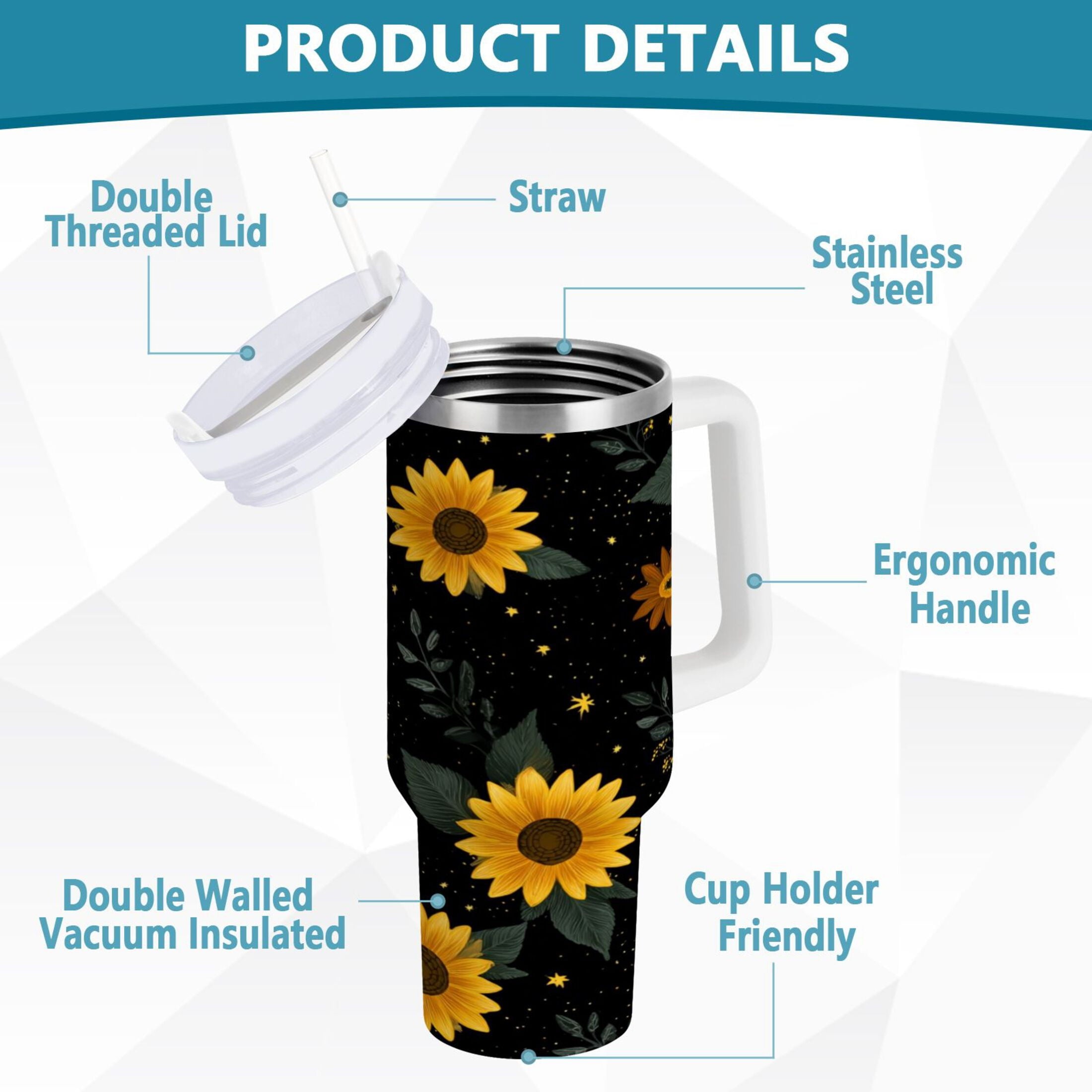 30 oz Insulated Stainless Steel Tumbler Double Wall Stainless Steel Tumbler with 2-Way Drinking Yellow Sunflower Pattern C532R