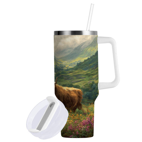 30 oz Insulated Stainless Steel Tumbler Double Wall Stainless Steel Tumbler with 2-Way Drinking Cow in Green Rolling Hills C586U