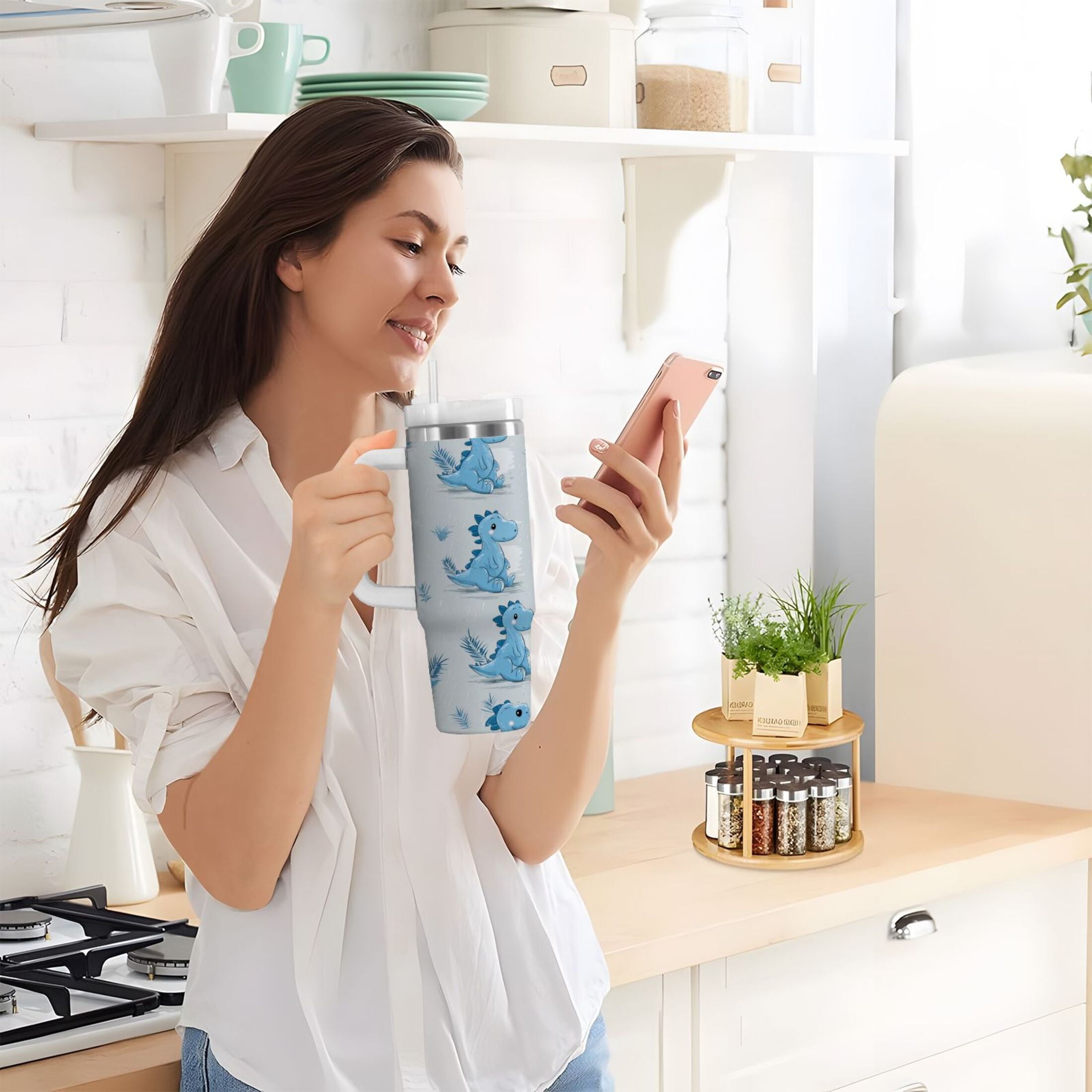 30 oz Insulated Stainless Steel Tumbler Double Wall Stainless Steel Tumbler with 2-Way Drinking Cartoon Blue Dinosaurs C495T