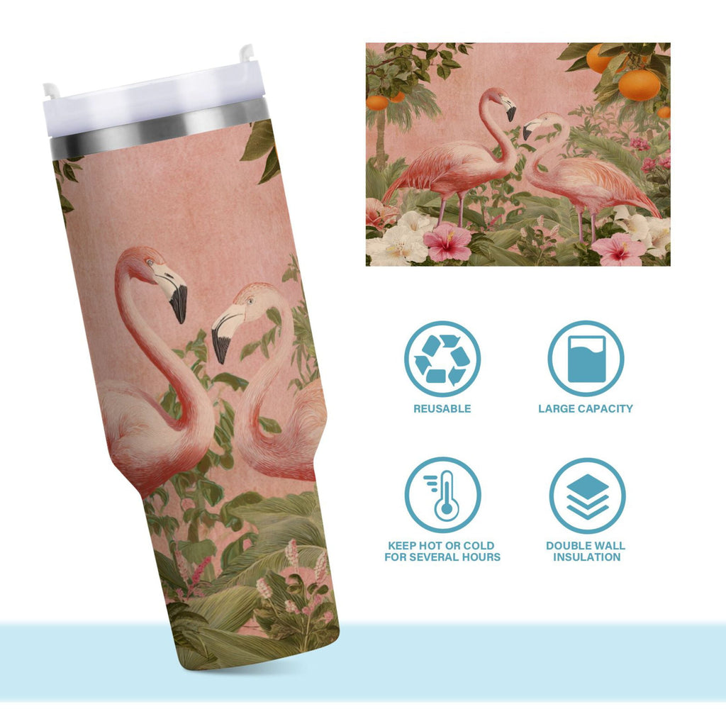 40 oz Insulated Stainless Steel Tumbler Double Wall Stainless Steel Tumbler with 2-Way Drinking Flamingos in Tropical Garden C666V