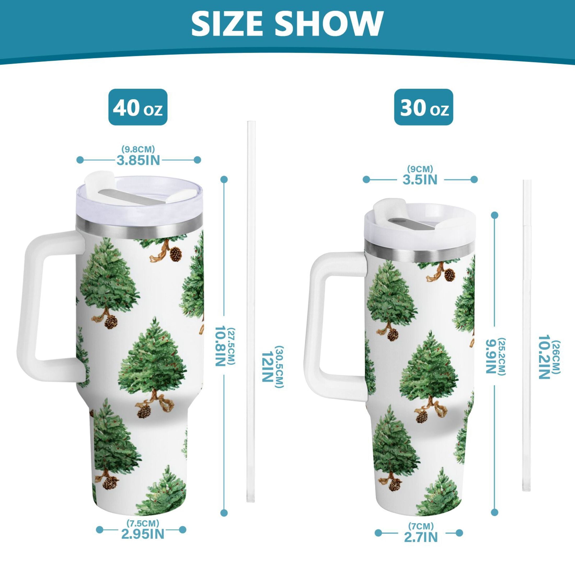 30 oz Insulated Stainless Steel Tumbler Double Wall Stainless Steel Tumbler with 2-Way Drinking Watercolor Green Christmas Tree C533G