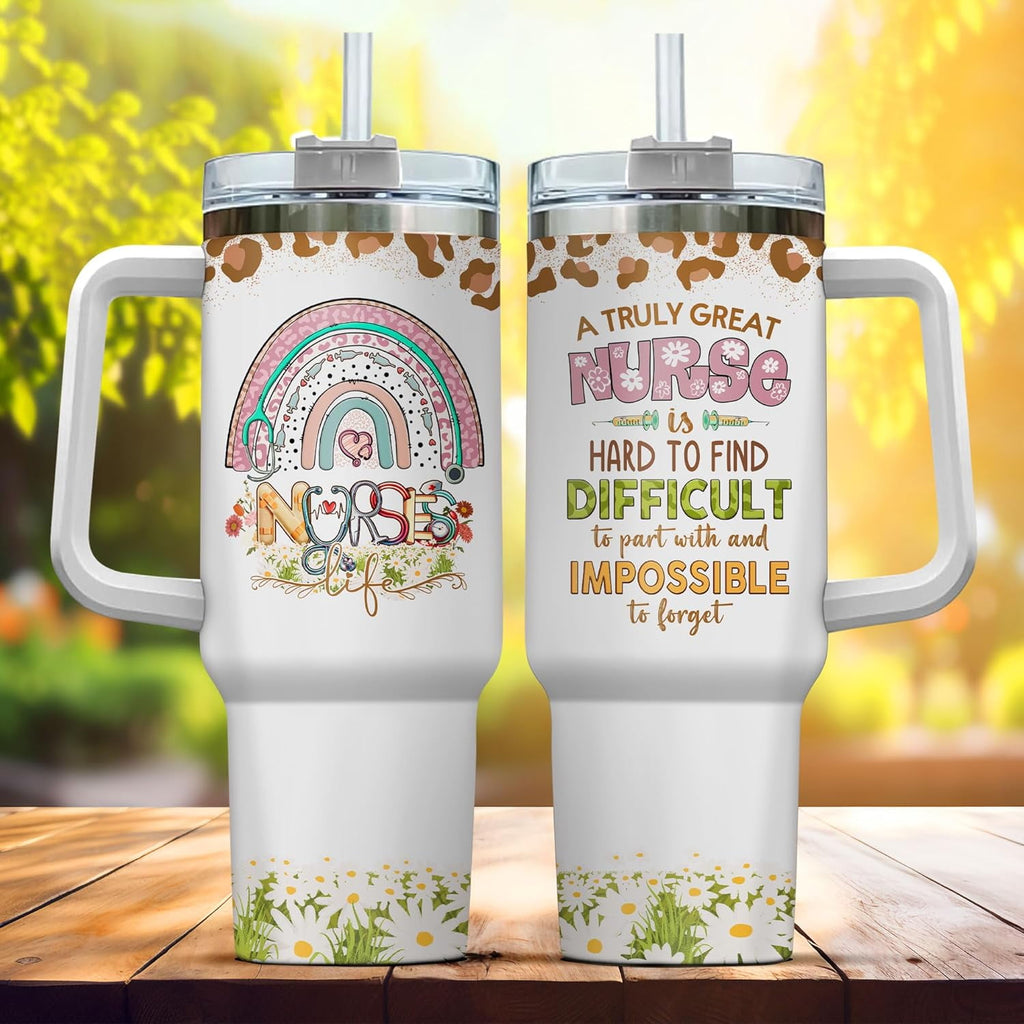 Tumbler 40 Oz With Handle Lid And Straw, Nurse Gifts, Black Camo White Engraved Print Travel Nurses Tumblers Handle Funny Cups Nursing For, Great Nurse Rainbow Daisy Flower C683K