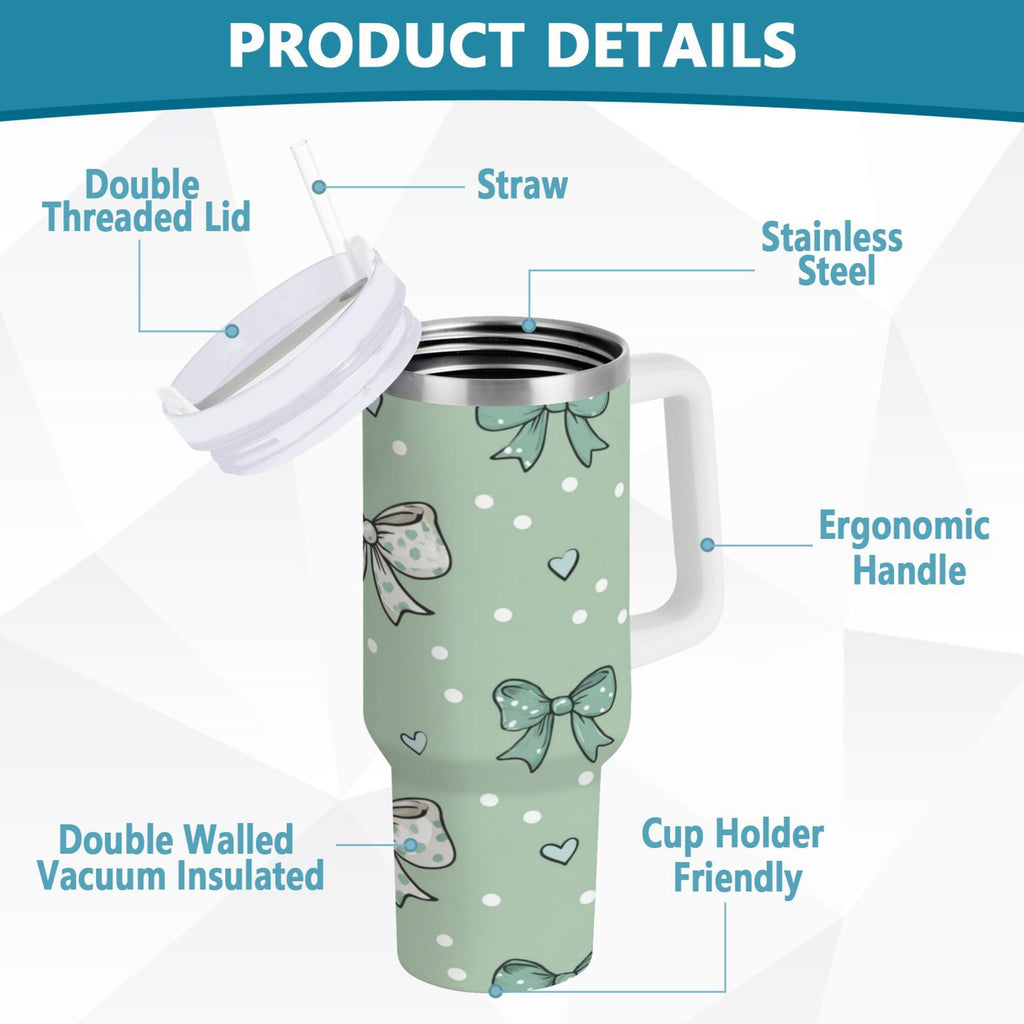 30 oz Insulated Stainless Steel Tumbler Double Wall Stainless Steel Tumbler with 2-Way Drinking Green and Mint Bows C559C