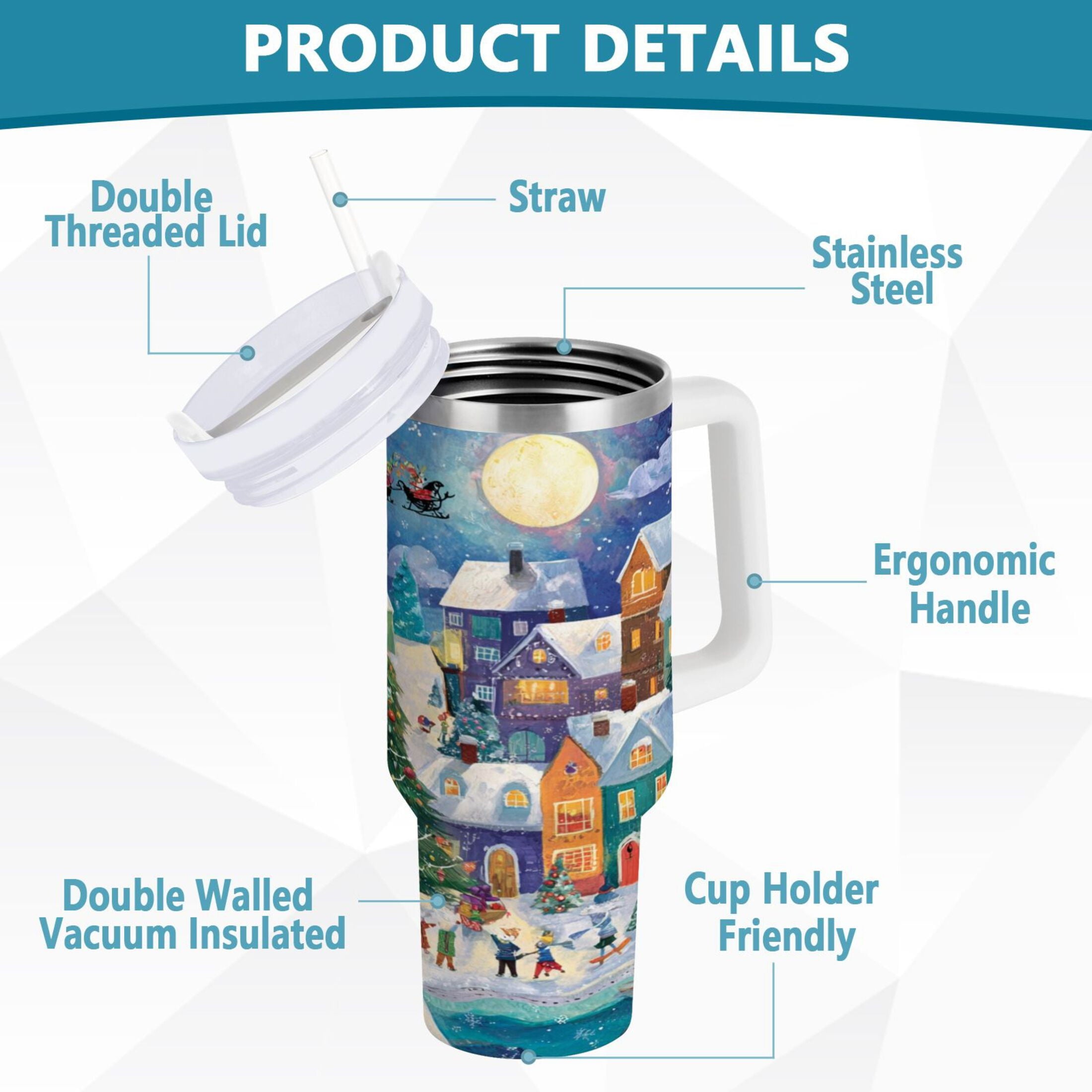 30 oz Insulated Stainless Steel Tumbler Double Wall Stainless Steel Tumbler with 2-Way Drinking Charming Christmas Scene C546C