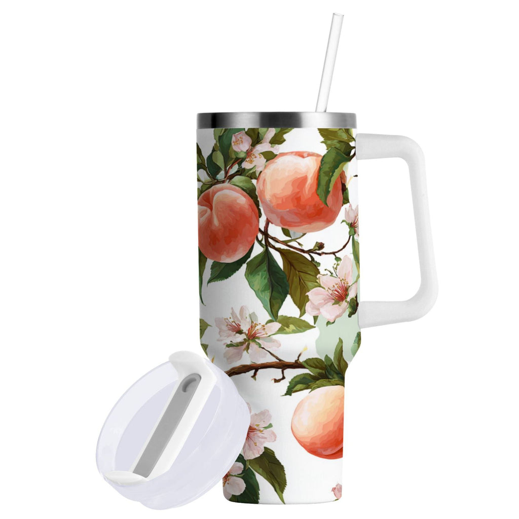 30 oz Insulated Stainless Steel Tumbler Double Wall Stainless Steel Tumbler with 2-Way Drinking Peach Fruit Pattern C503L