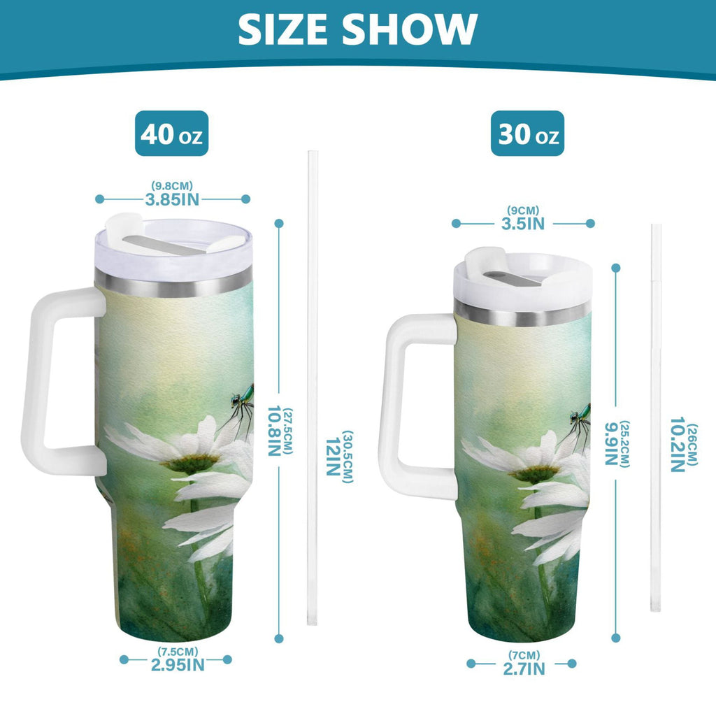 30 oz Insulated Stainless Steel Tumbler Double Wall Stainless Steel Tumbler with 2-Way Drinking Beautiful Dragonflies and Daisies C638G