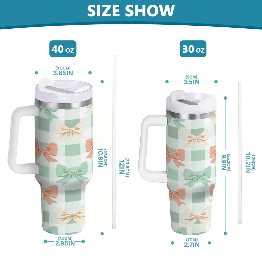40 oz Insulated Stainless Steel Tumbler Double Wall Stainless Steel Tumbler with 2-Way Drinking Green and Peach Bow Pattern C544U