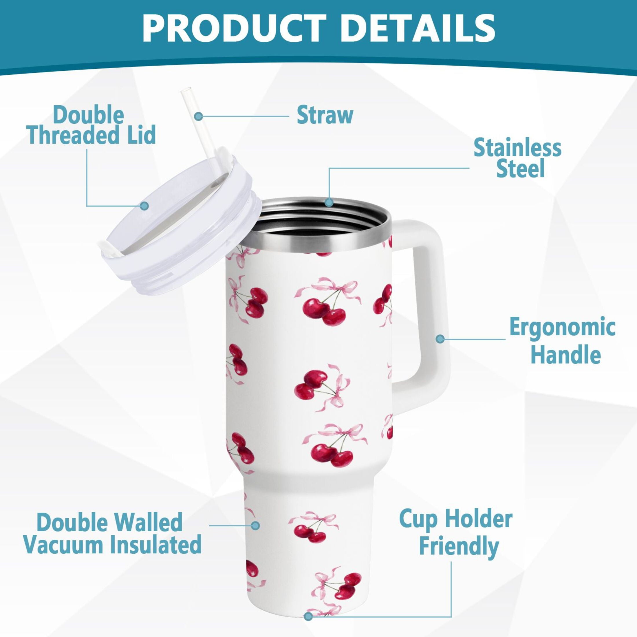 30 oz Insulated Stainless Steel Tumbler Double Wall Stainless Steel Tumbler with 2-Way Drinking Watercolor Cherries Pattern C604E