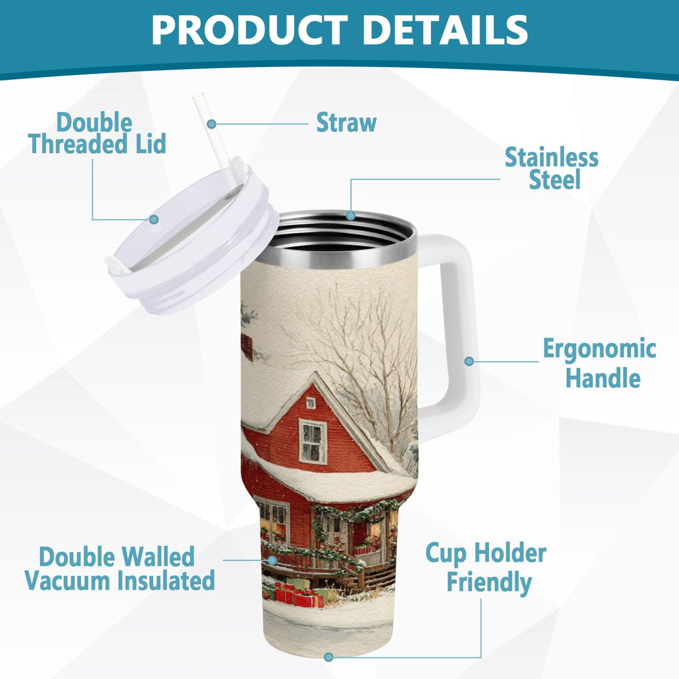 40 oz Insulated Stainless Steel Tumbler Double Wall Stainless Steel Tumbler with 2-Way Drinking House with Snow-covered Roof C674S