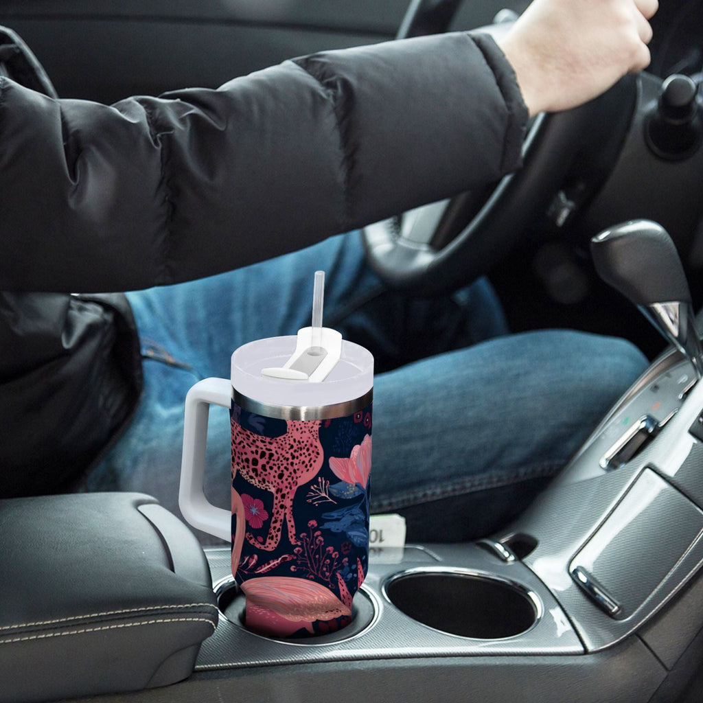 30 oz Insulated Stainless Steel Tumbler Double Wall Stainless Steel Tumbler with 2-Way Drinking Flamingos and Leopard Print C568F
