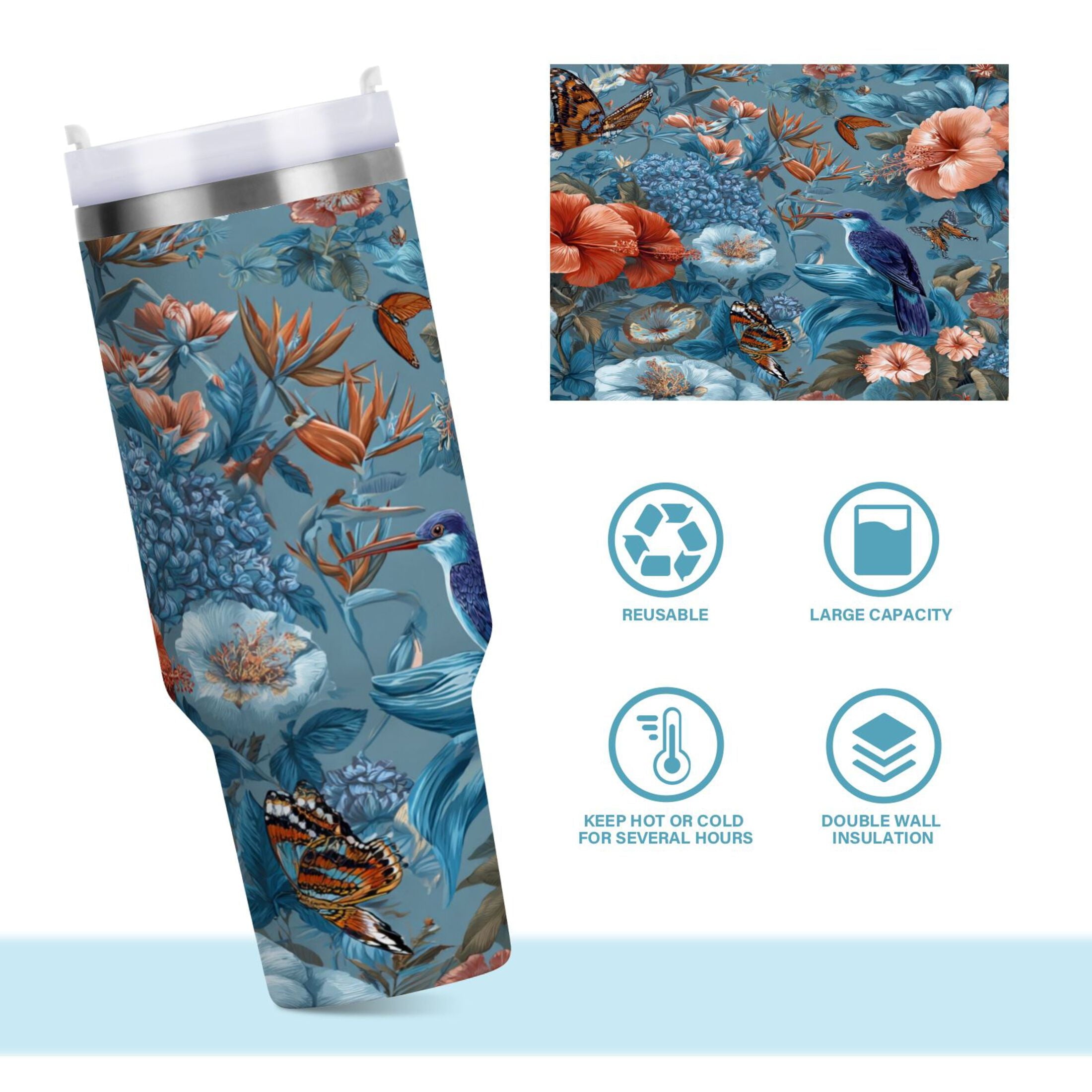 30 oz Insulated Stainless Steel Tumbler Double Wall Stainless Steel Tumbler with 2-Way Drinking Birds and Flowers C552B
