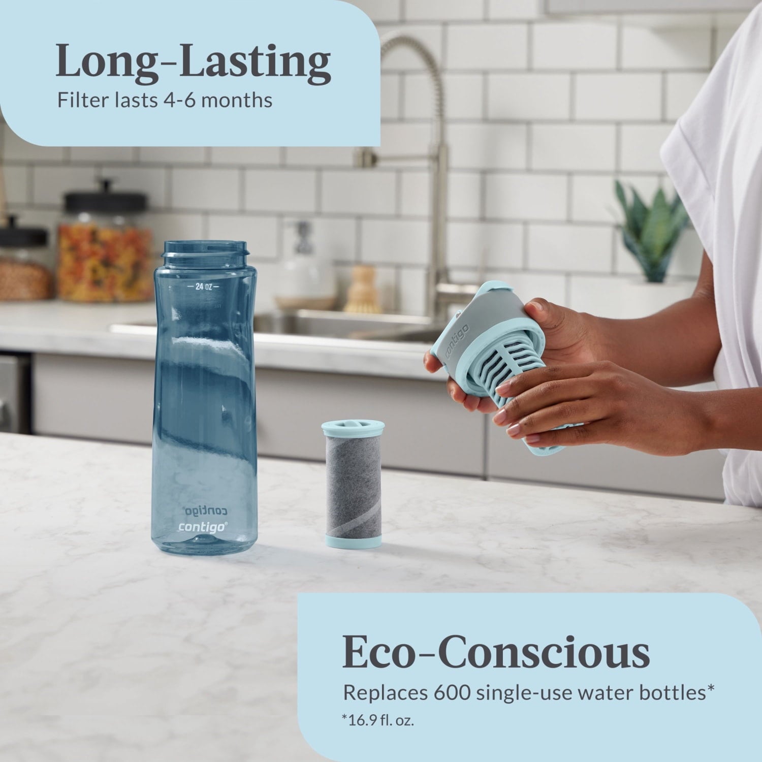 (2 pack) Contigo Clybourn Plastic FreeFlow Filter Water Bottle with AUTOSEAL Lid 24 oz., Dark Ice, with Replacable Filter C062U