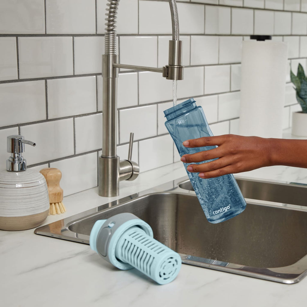(2 pack) Contigo Clybourn Plastic FreeFlow Filter Water Bottle with AUTOSEAL Lid 24 oz., Dark Ice, with Replacable Filter C062U