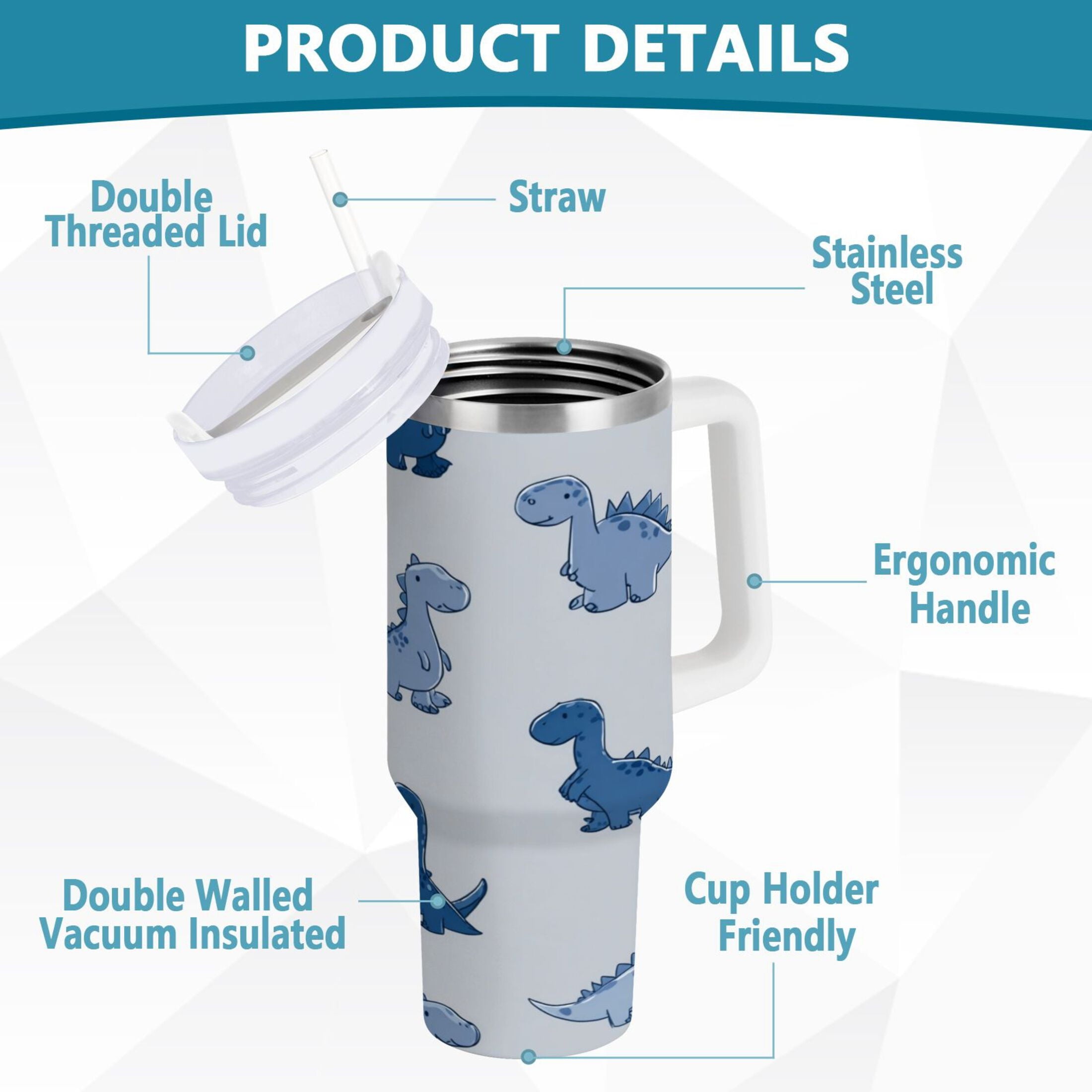 30 oz Insulated Stainless Steel Tumbler Double Wall Stainless Steel Tumbler with 2-Way Drinking Cute Blue Dinosaurs C580T