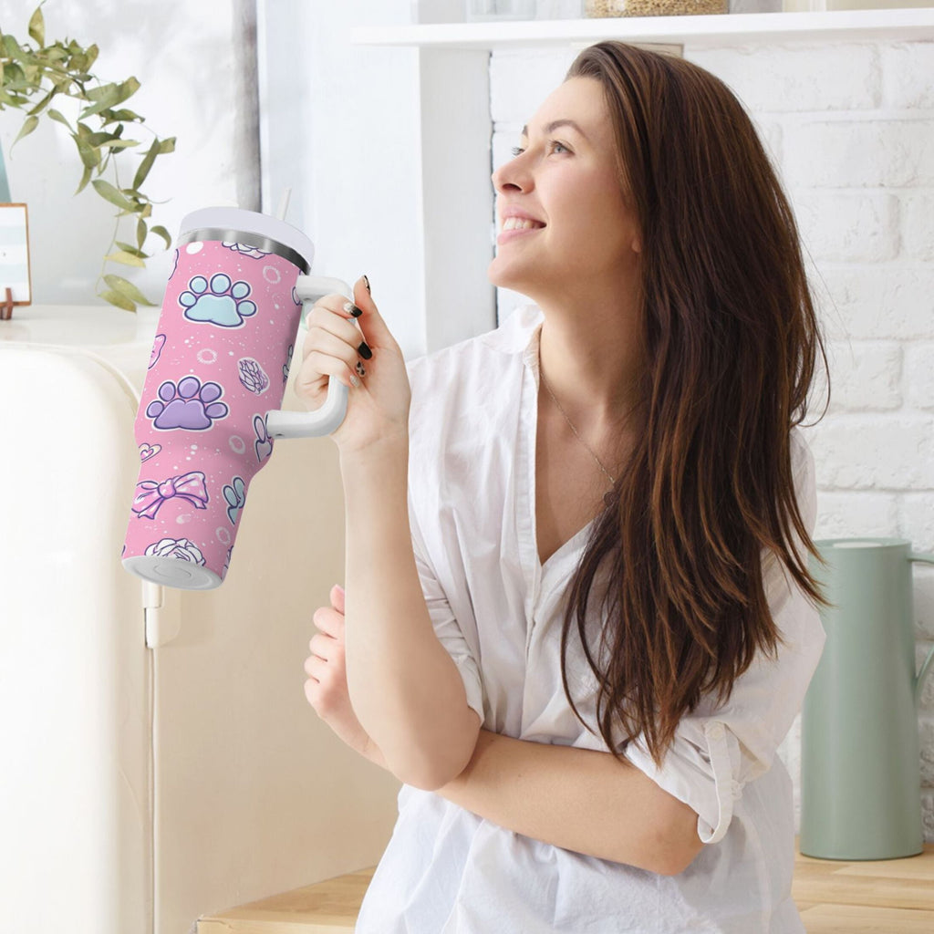 30 oz Insulated Stainless Steel Tumbler Double Wall Stainless Steel Tumbler with 2-Way Drinking Dog Paw Prints and Bows C648N