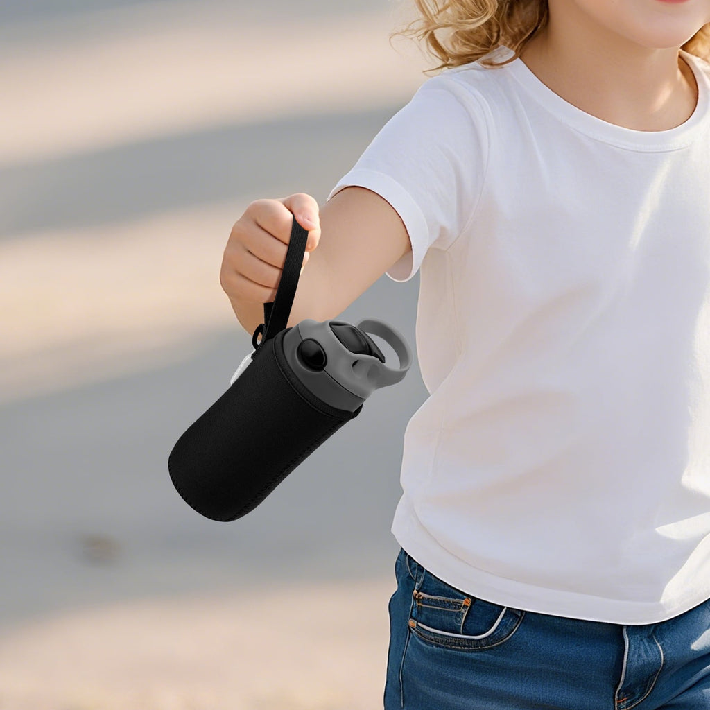 Linkidea Water Bottle Sleeve Compatible with Contigo Aubrey Tritan 14oz, Steel 13oz Kids Bottle, Waterbottle Holder Bag with Name Tag, Black C132V