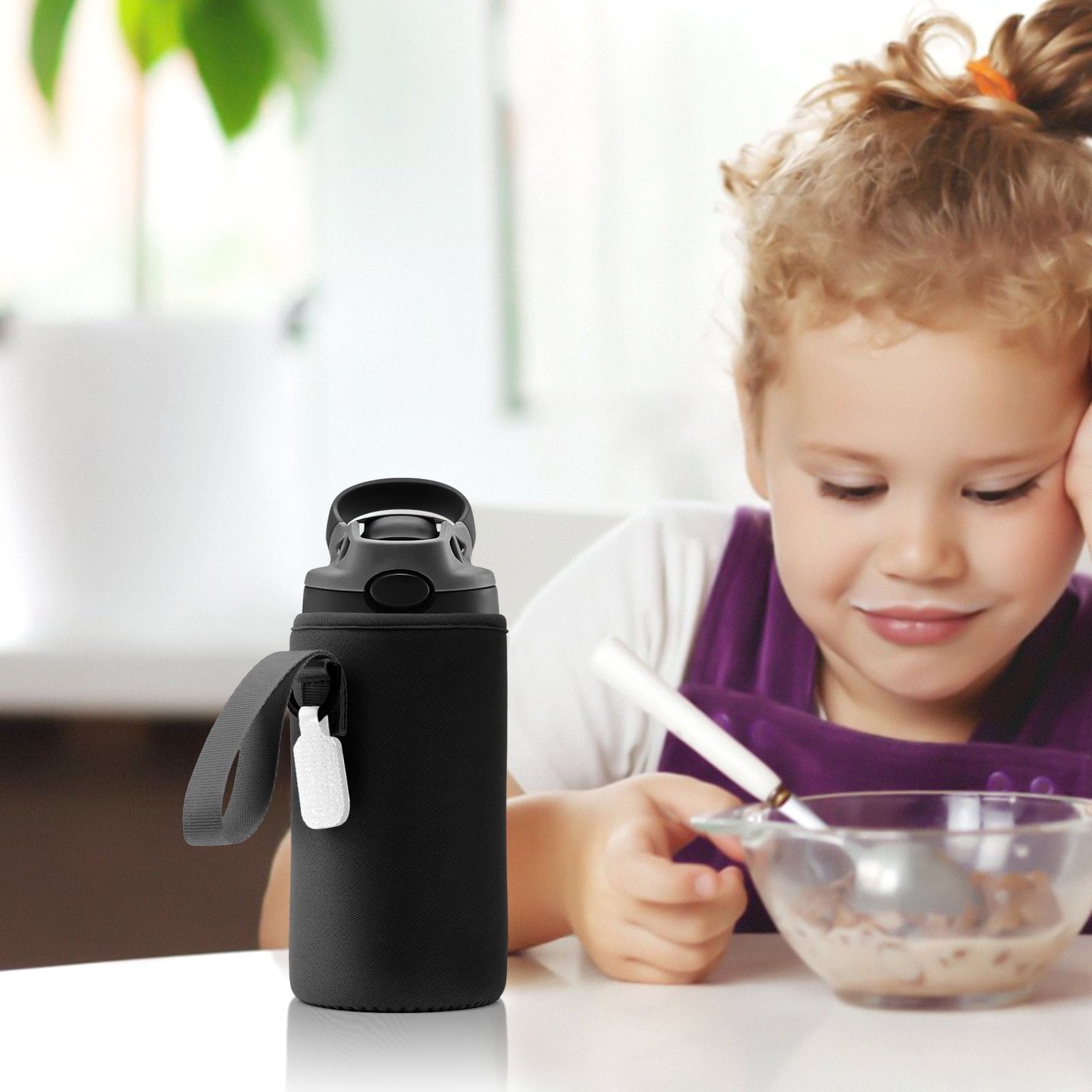 Linkidea Water Bottle Sleeve Compatible with Contigo Aubrey Tritan 14oz, Steel 13oz Kids Bottle, Waterbottle Holder Bag with Name Tag, Black C132V
