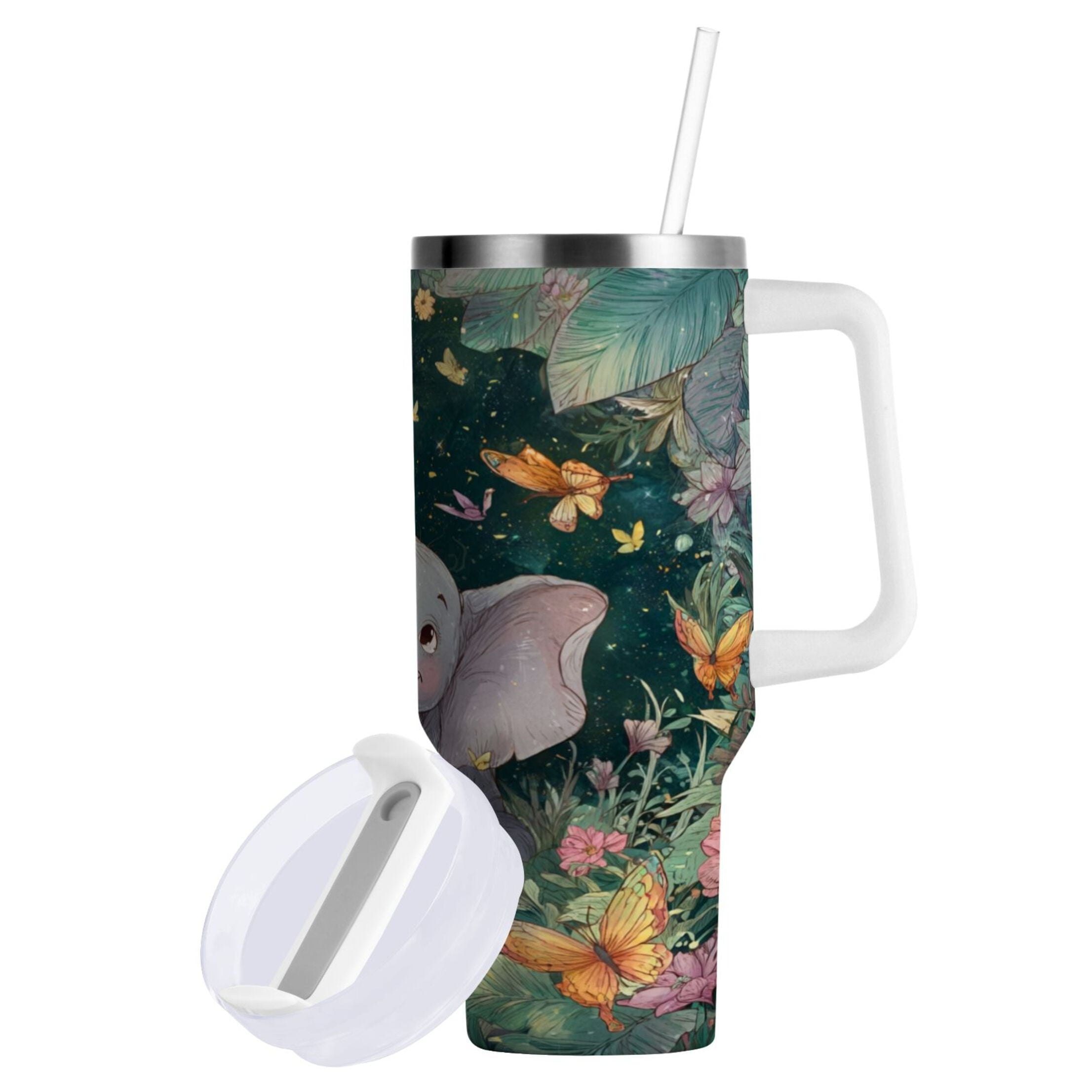 40 oz Insulated Stainless Steel Tumbler Double Wall Stainless Steel Tumbler with 2-Way Drinking Cute Elephant C460B