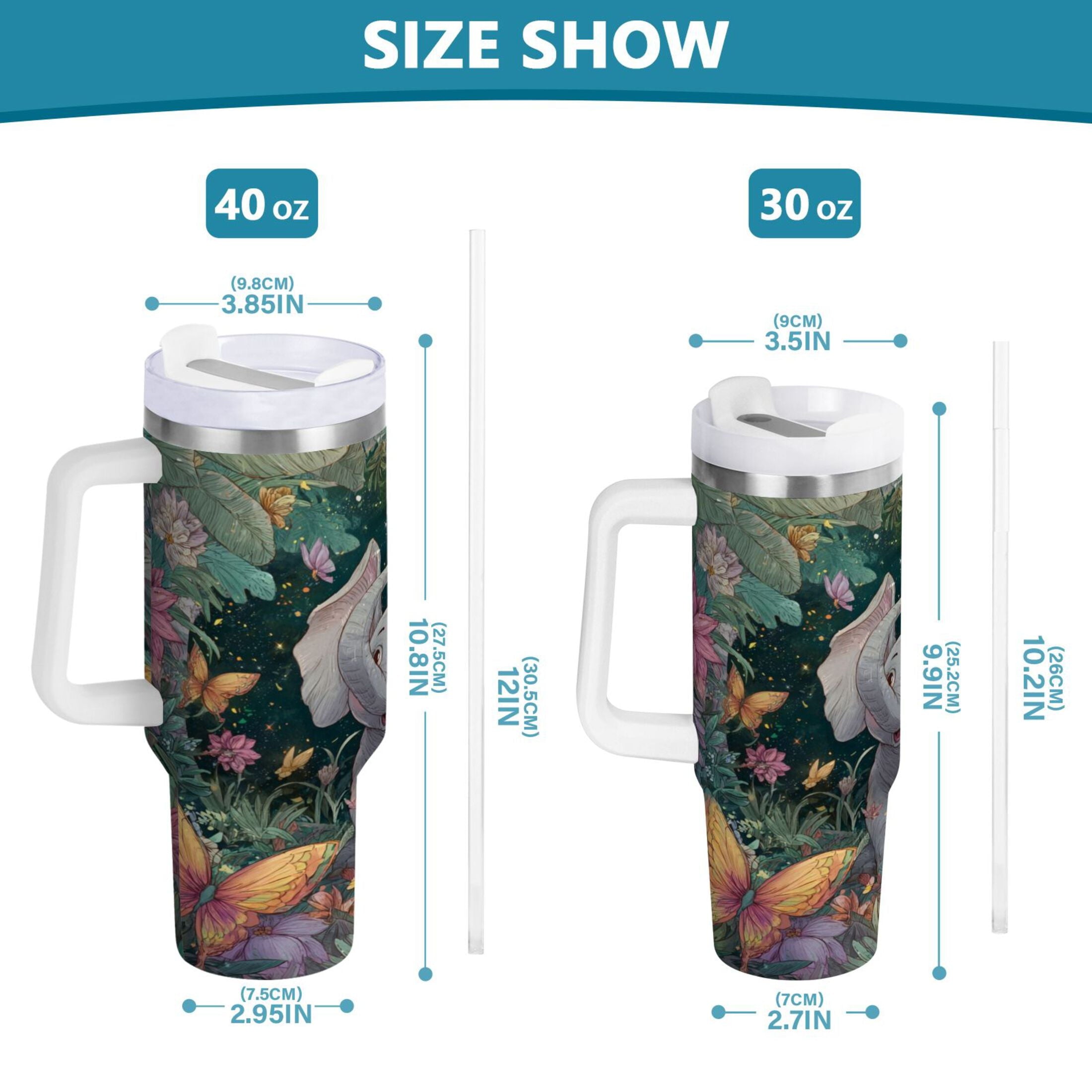 40 oz Insulated Stainless Steel Tumbler Double Wall Stainless Steel Tumbler with 2-Way Drinking Cute Elephant C460B