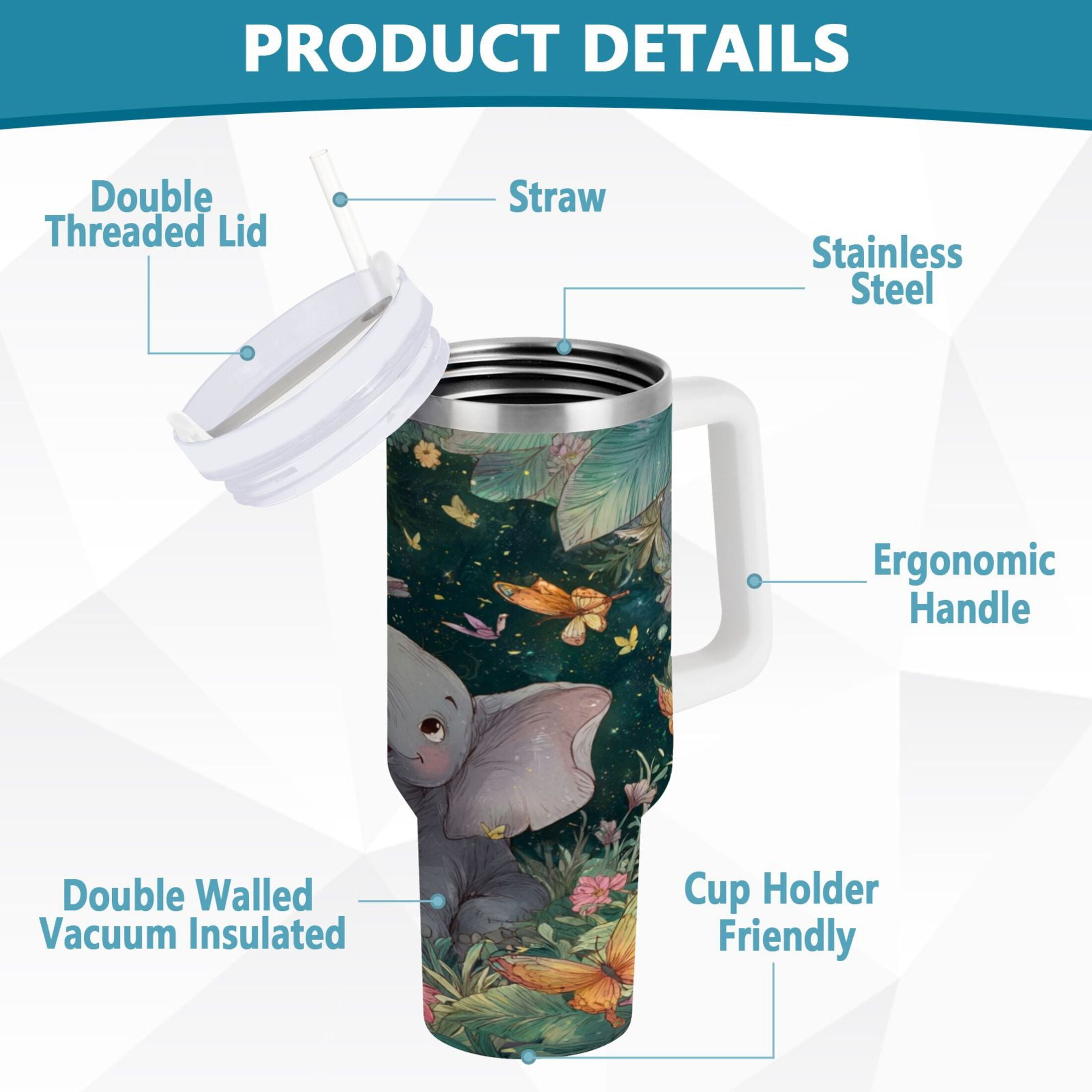 40 oz Insulated Stainless Steel Tumbler Double Wall Stainless Steel Tumbler with 2-Way Drinking Cute Elephant C460B