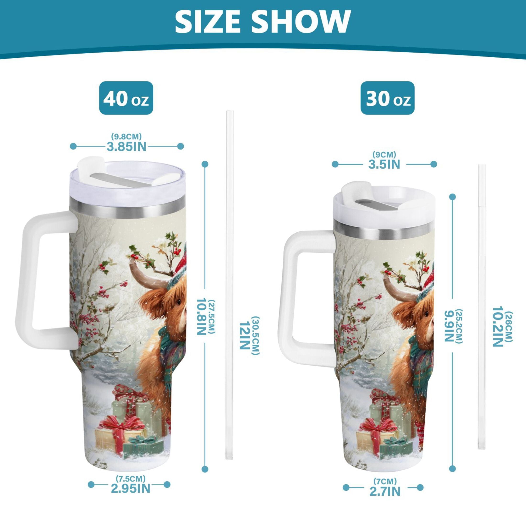 30 oz Insulated Stainless Steel Tumbler Double Wall Stainless Steel Tumbler with 2-Way Drinking Cow Wearing Christmas Hat C681C