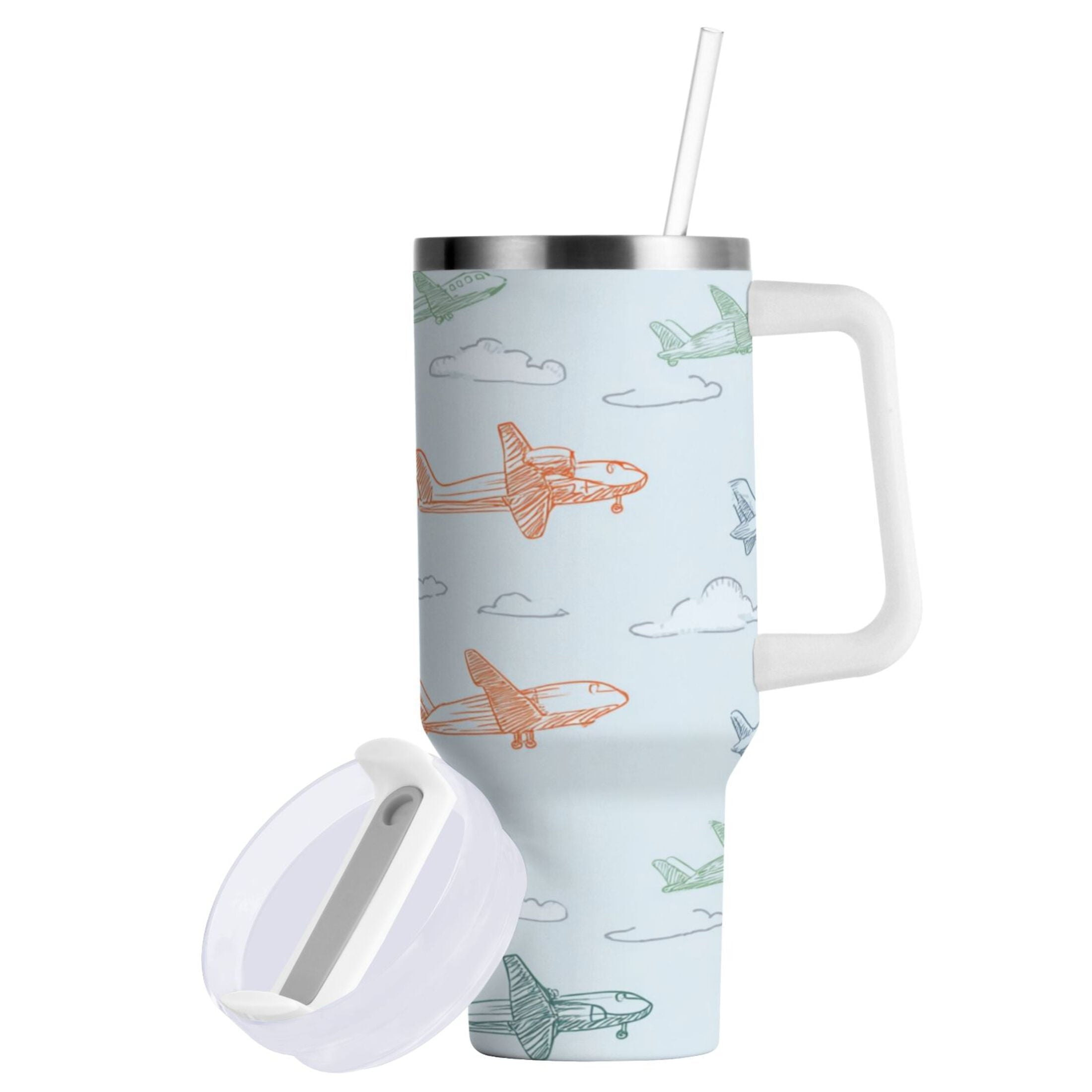 30 oz Insulated Stainless Steel Tumbler Double Wall Stainless Steel Tumbler with 2-Way Drinking Pastel Doodle Airplanes C593T