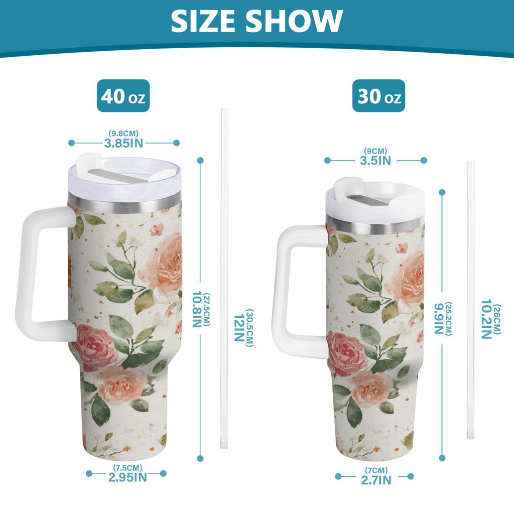40 oz Insulated Stainless Steel Tumbler Double Wall Stainless Steel Tumbler with 2-Way Drinking Watercolor Rose Floral Pattern C499N