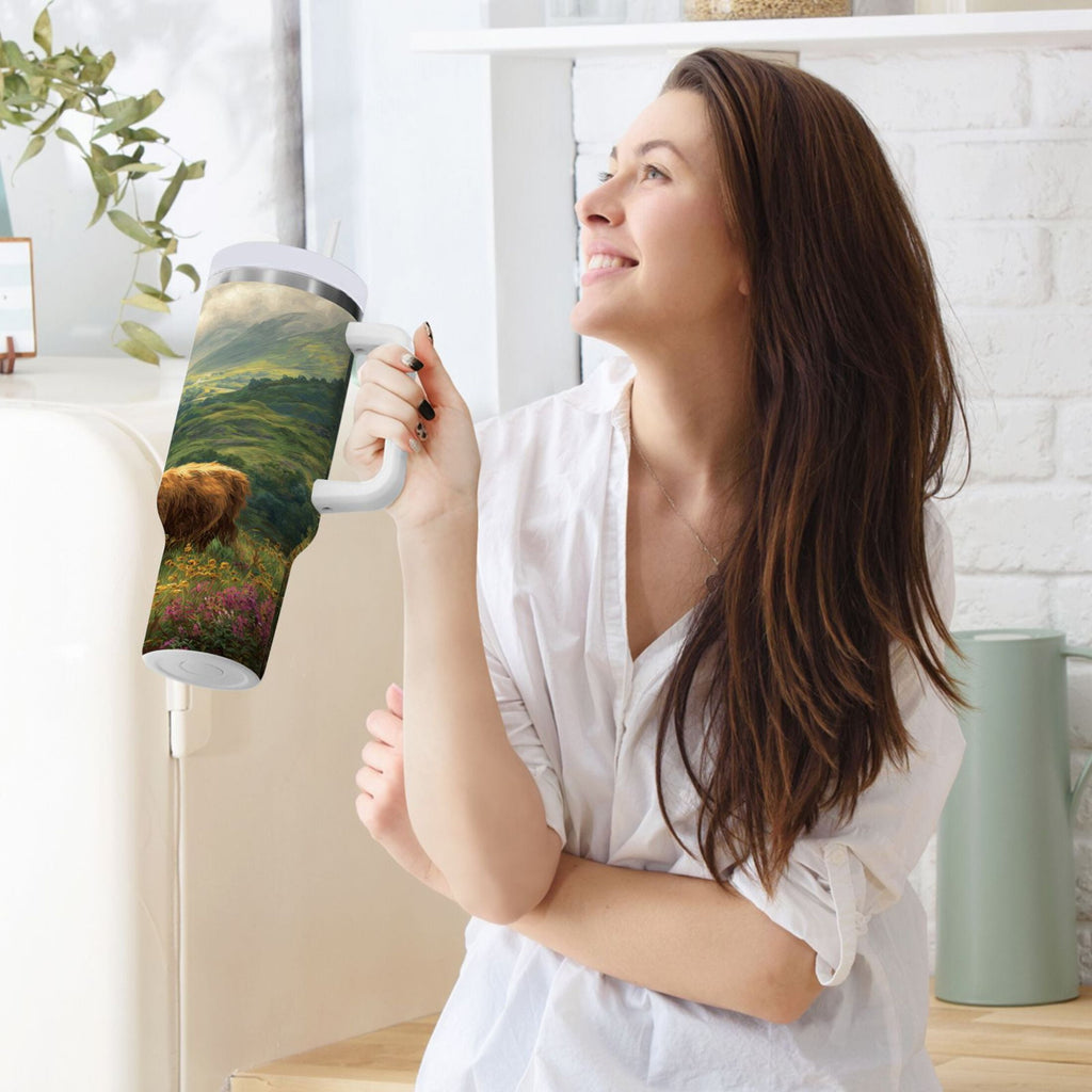 30 oz Insulated Stainless Steel Tumbler Double Wall Stainless Steel Tumbler with 2-Way Drinking Cow in Green Rolling Hills C586U