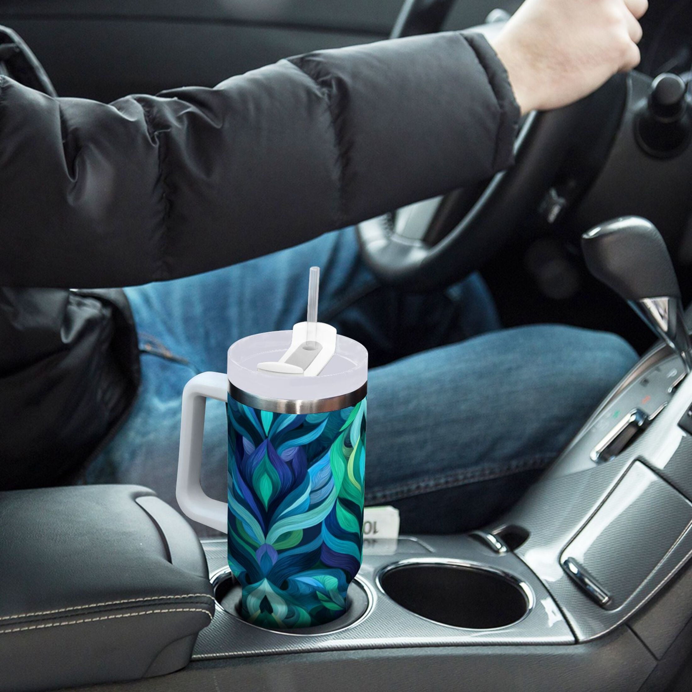 40 oz Insulated Stainless Steel Tumbler Double Wall Stainless Steel Tumbler with 2-Way Drinking Elegant Blue Abstract Shapes C609M