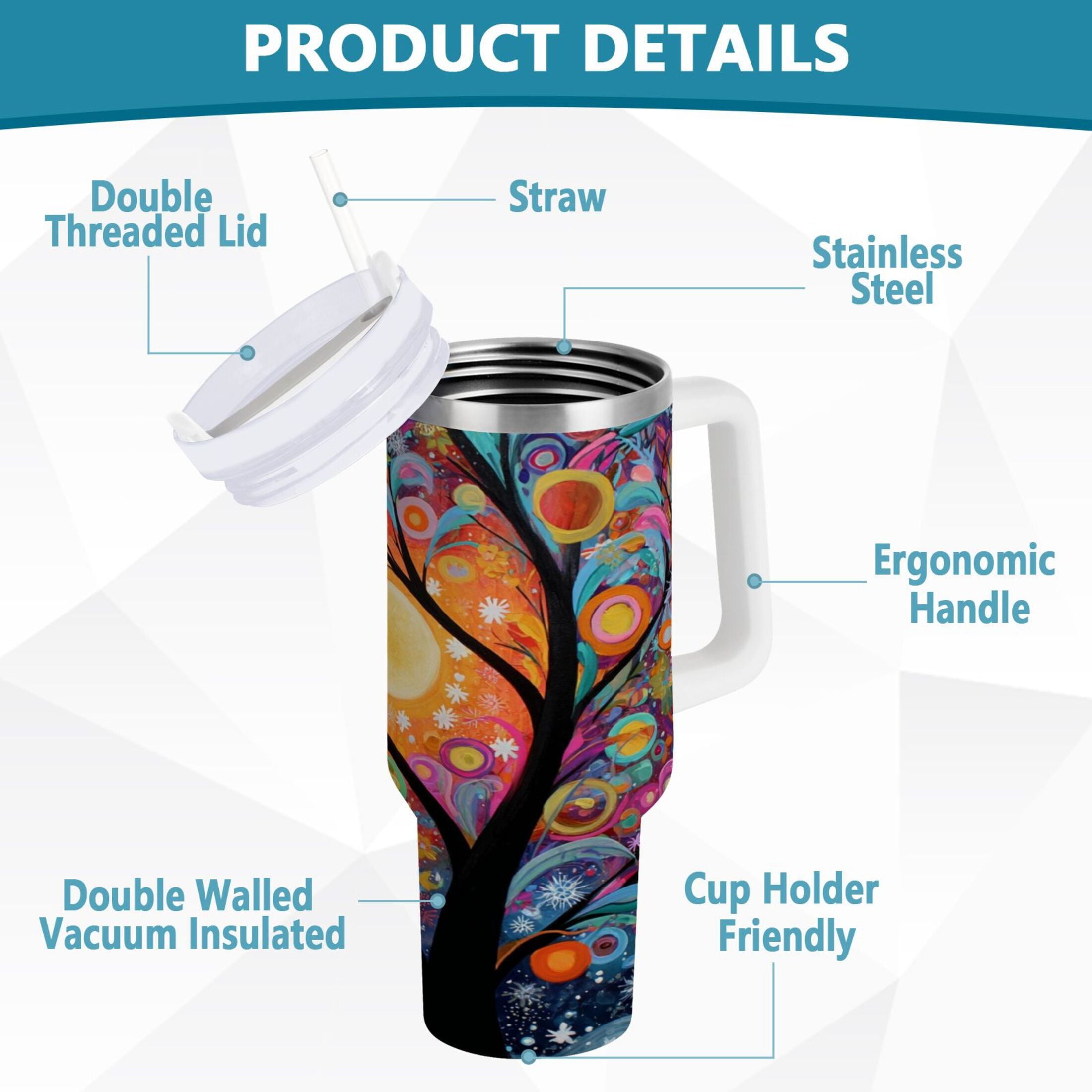 30 oz Insulated Stainless Steel Tumbler Double Wall Stainless Steel Tumbler with 2-Way Drinking Beautiful Abstract Tree Painting C654T