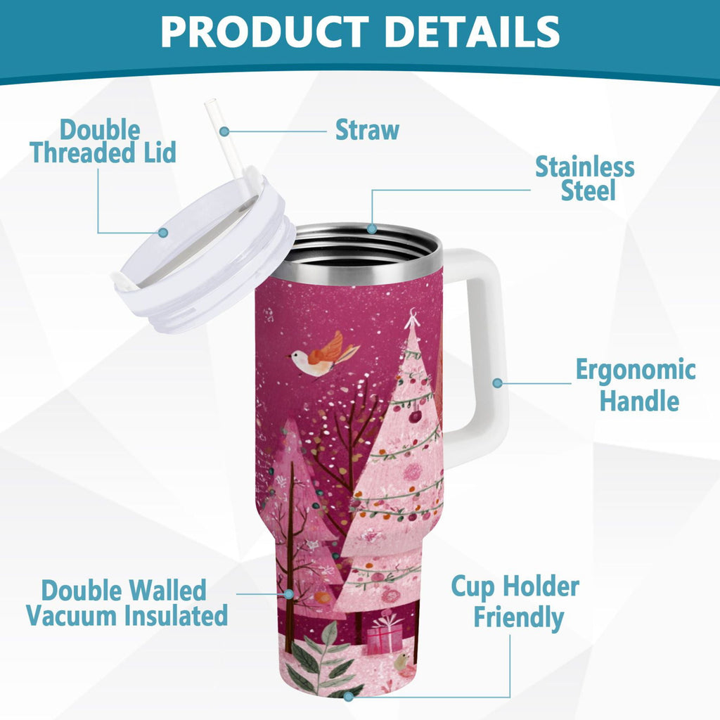 40 oz Insulated Stainless Steel Tumbler Double Wall Stainless Steel Tumbler with 2-Way Drinking Pink Christmas Forest C512J
