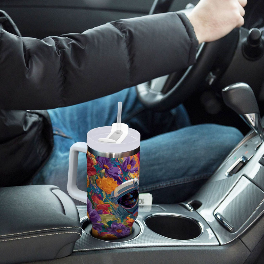 40 oz Insulated Stainless Steel Tumbler Double Wall Stainless Steel Tumbler with 2-Way Drinking Colorful Flowers and Planets C598R
