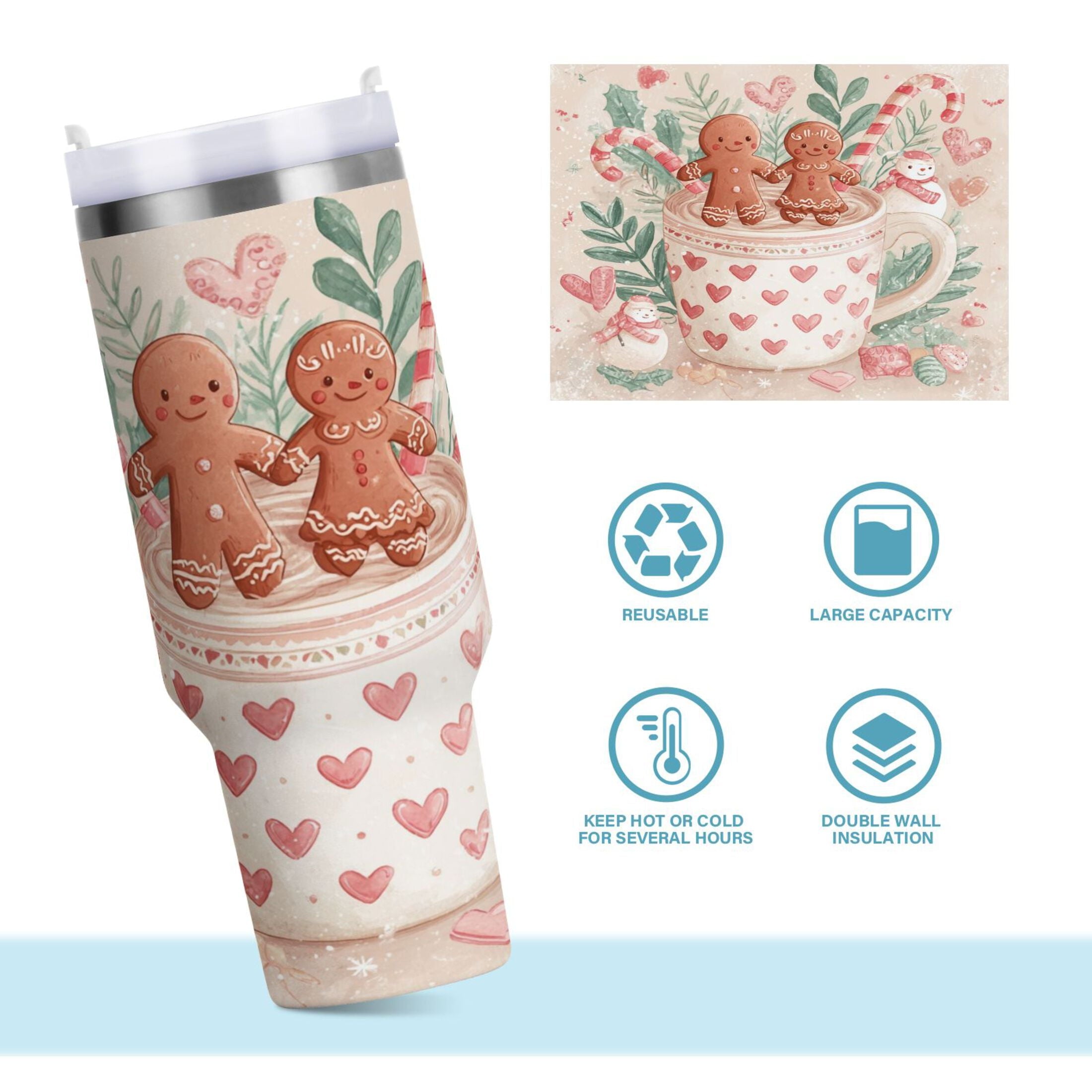 30 oz Insulated Stainless Steel Tumbler Double Wall Stainless Steel Tumbler with 2-Way Drinking Cute Christmas Design C600E