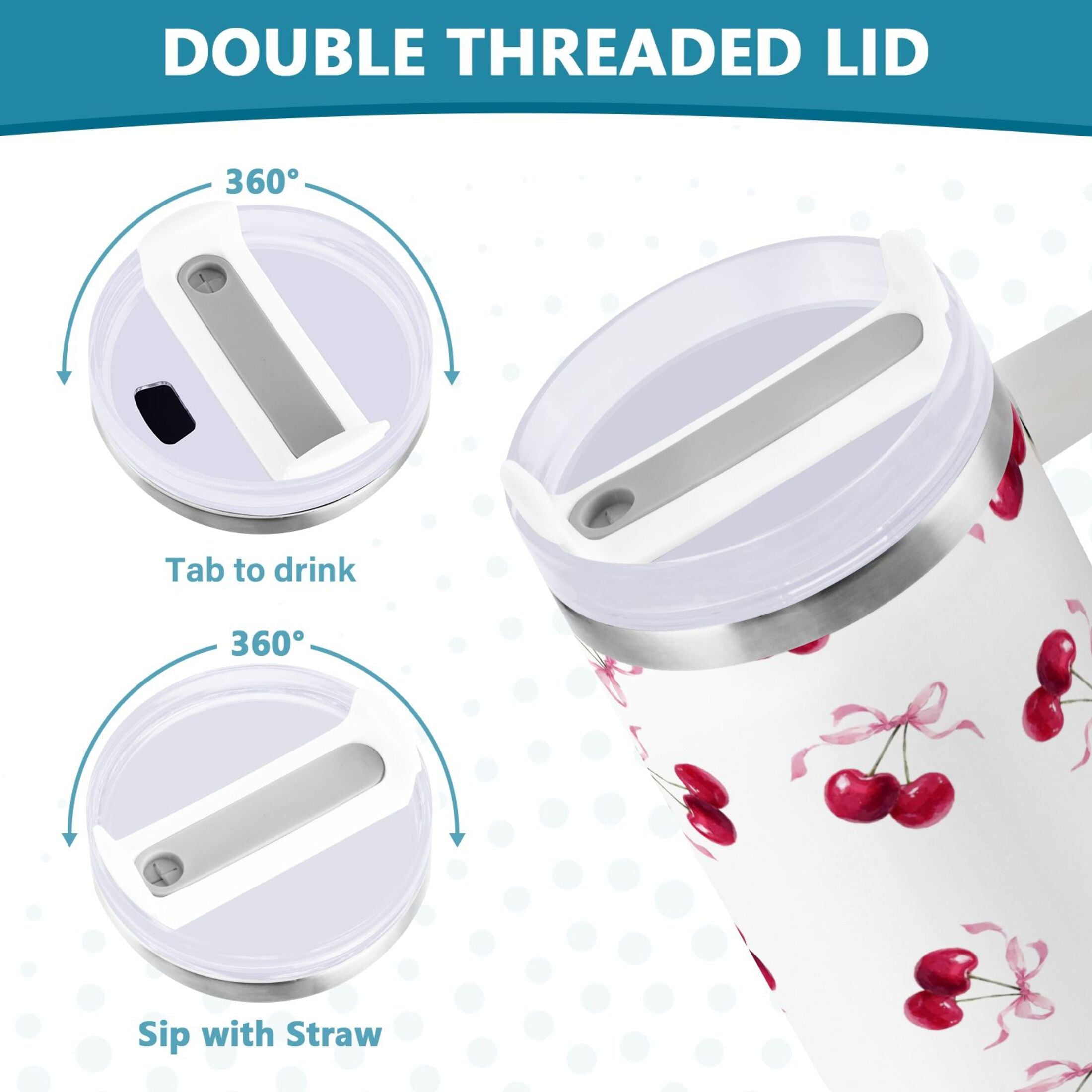 30 oz Insulated Stainless Steel Tumbler Double Wall Stainless Steel Tumbler with 2-Way Drinking Watercolor Cherries Pattern C604E